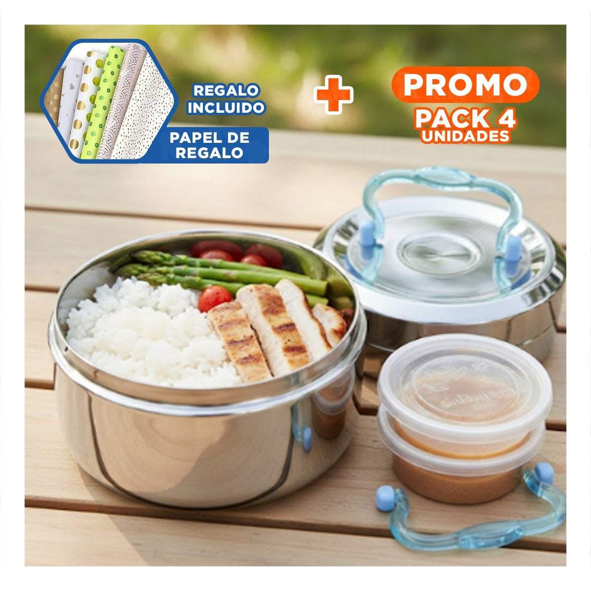 PACK4 TAPER EN ACERO DE 1000ML PLATEADO Y CELESTE CIRCULAR CUADRADO PARA COCINA Y+PAPEL REGALO - 1