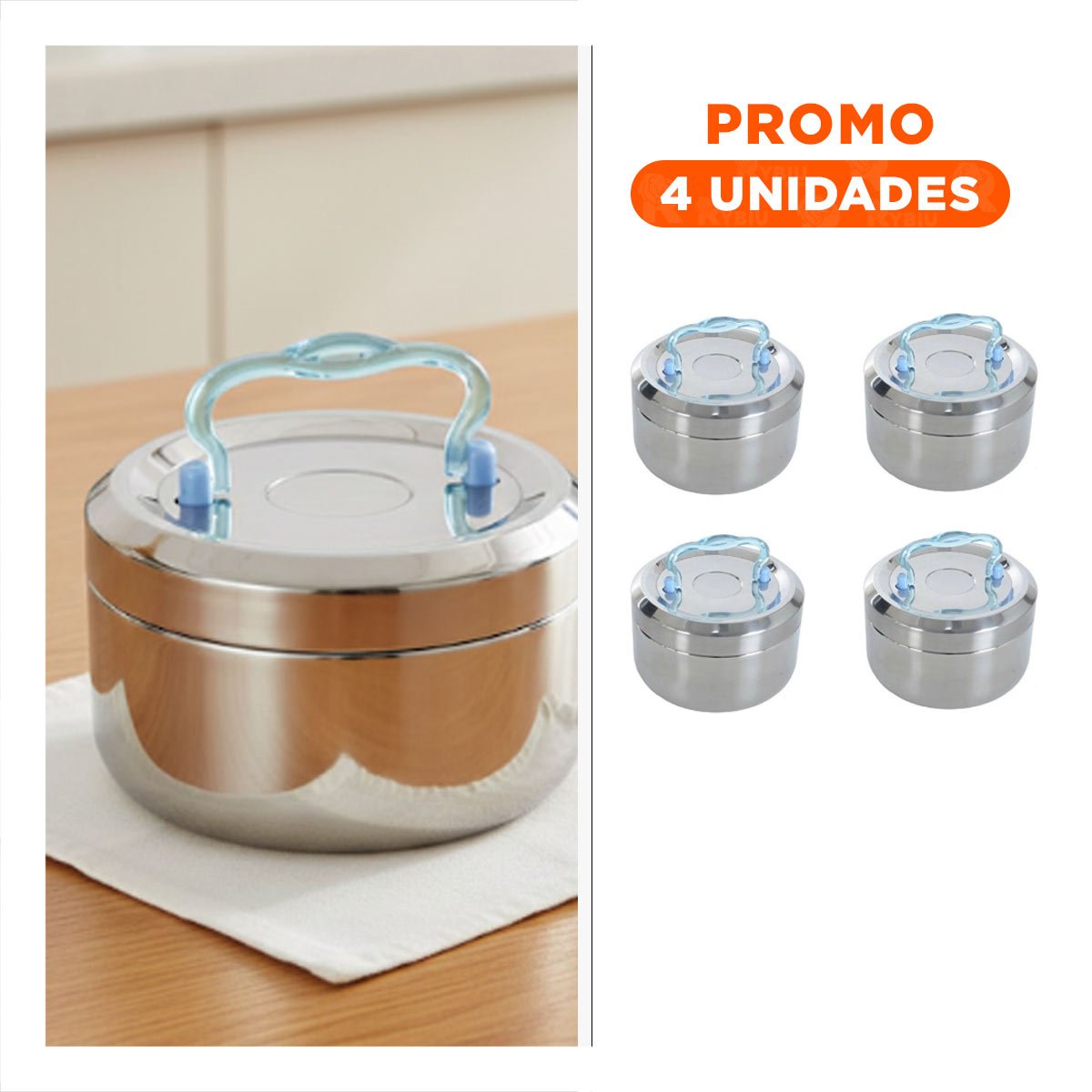PACK4 ENVASE DE 800ML EN ACERO PLATEADO Y CELESTE CON BASE CIRCULAR CUADRADO Y+REGALO STICKER - 1