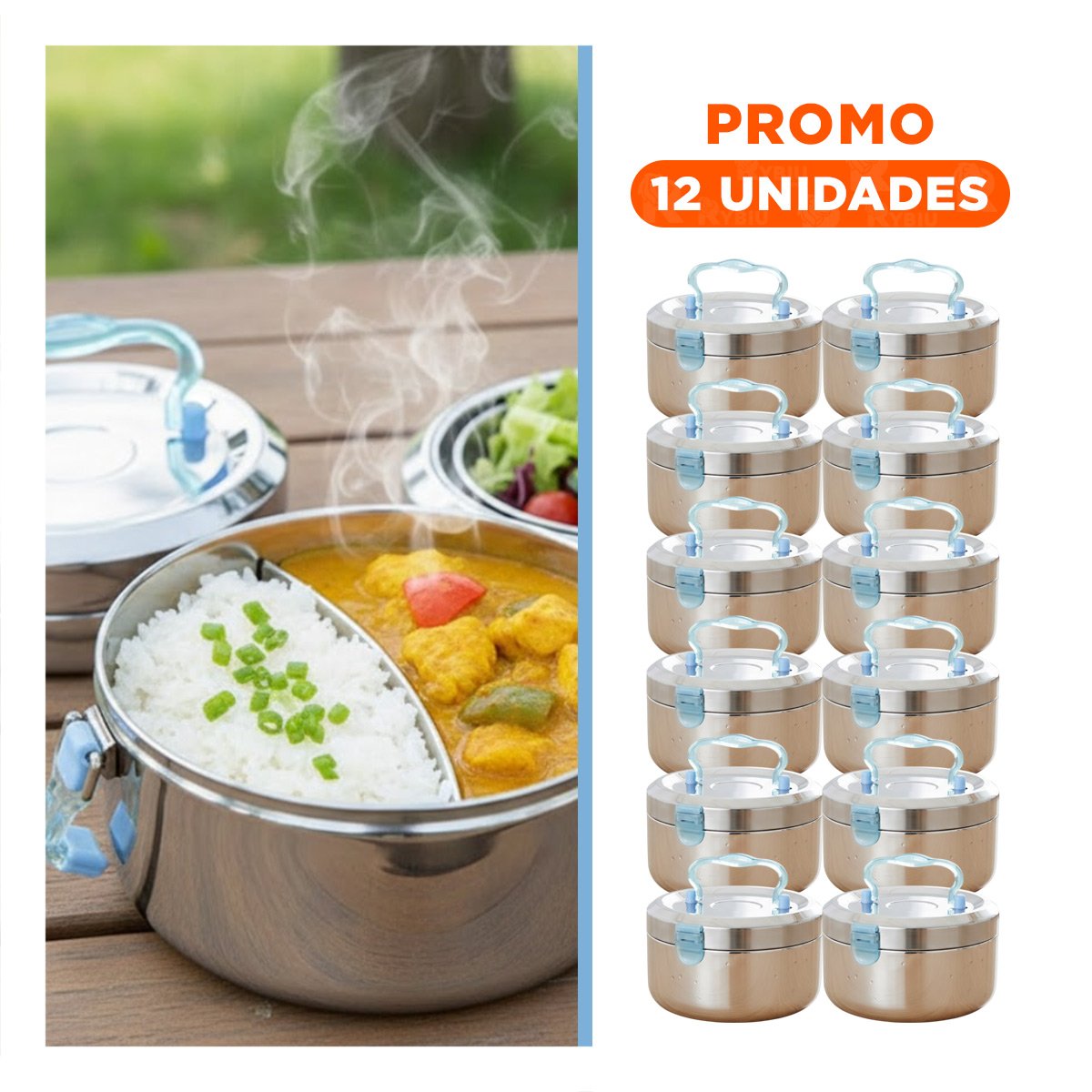 PACK12 CONTENEDOR TERMICO PLATEADO Y CELESTE DE 1200ML CON BASE CIRCULAR Y+REGALO STICKER - 1
