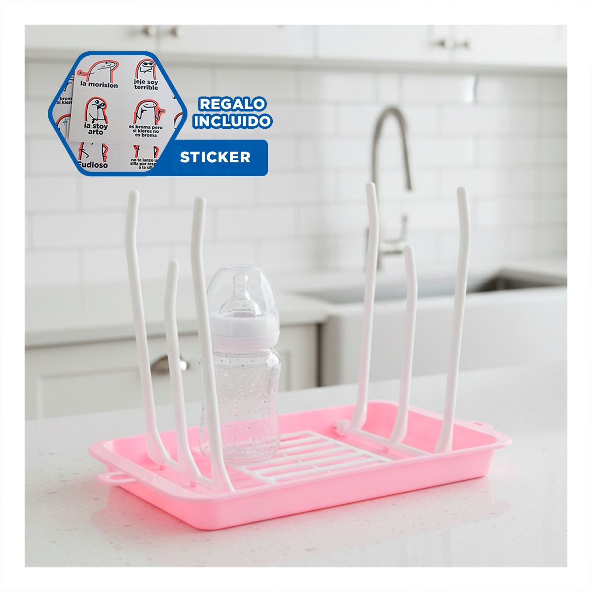 SOPORTE CON ESPACIOS PARA BIBERONES Y VASOS ROSADO Y+REGALO STICKER - 1