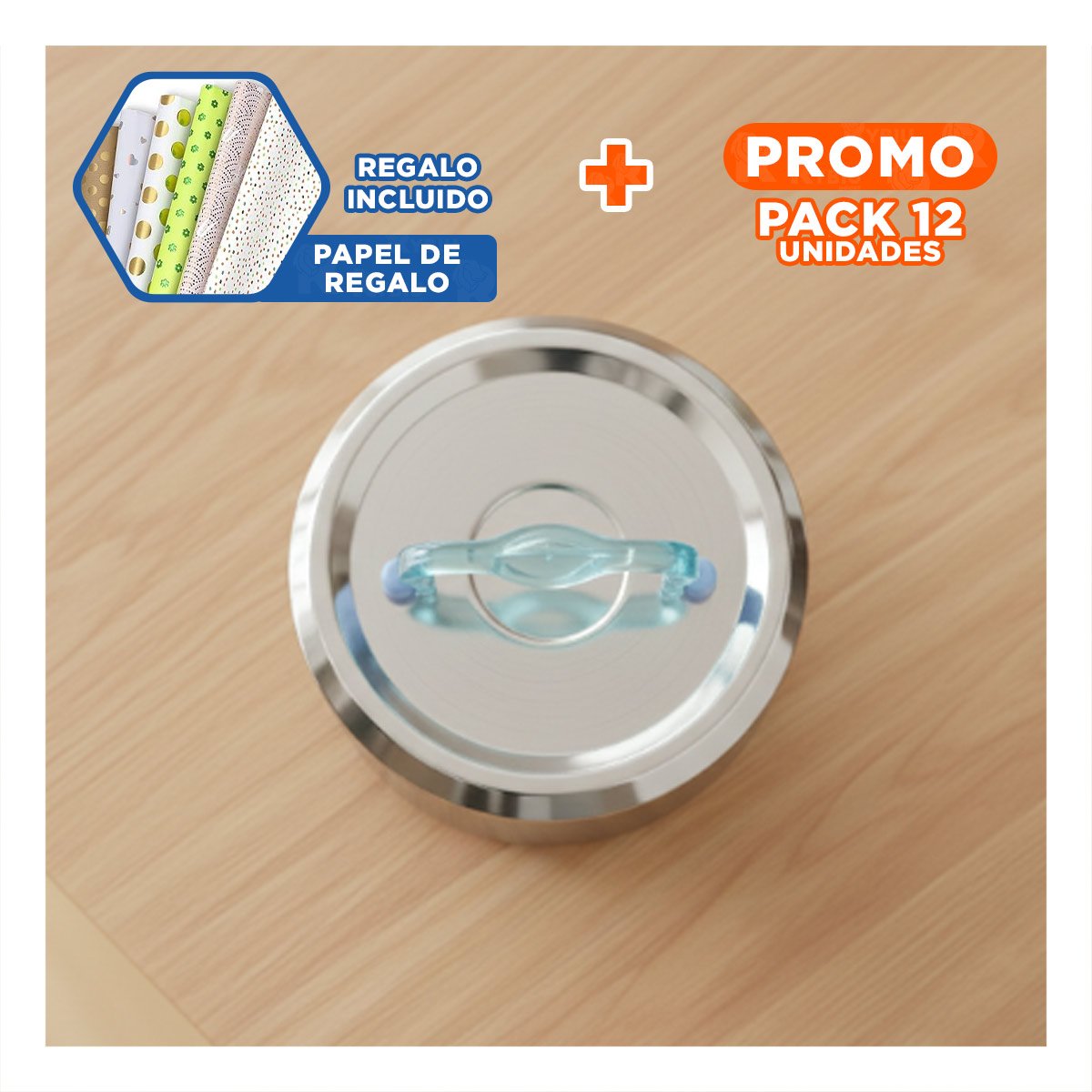 PACK12 CONTENEDOR CIRCULAR CUADRADO 800ML PLATEADO Y CELESTE COMPACTA Y+PAPEL REGALO - 1