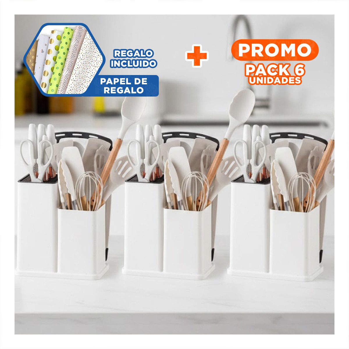 PACK6 KIT RESISTENTE DE 18 PIEZAS EN COLOR BLANCO DE SILICONA Y MADERA Y+PAPEL REGALO - 1