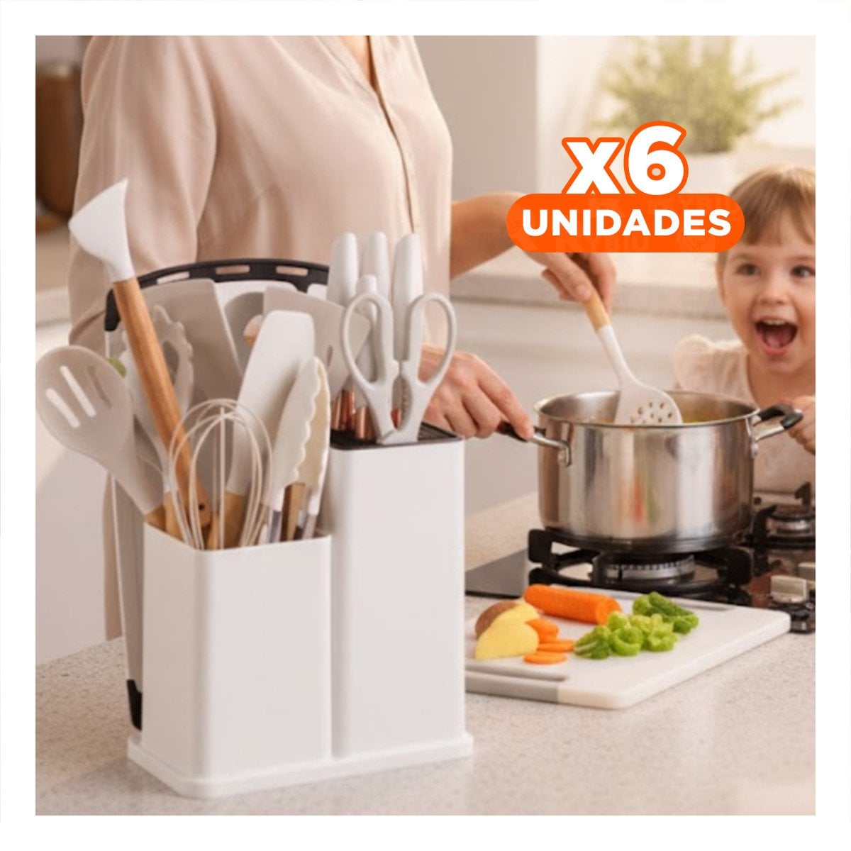 PACK6 KIT MODERNO CON 18 PIEZAS BLANCO EN SILICONA Y MADERA PARA COCINA Y+REGALO STICKER - 1