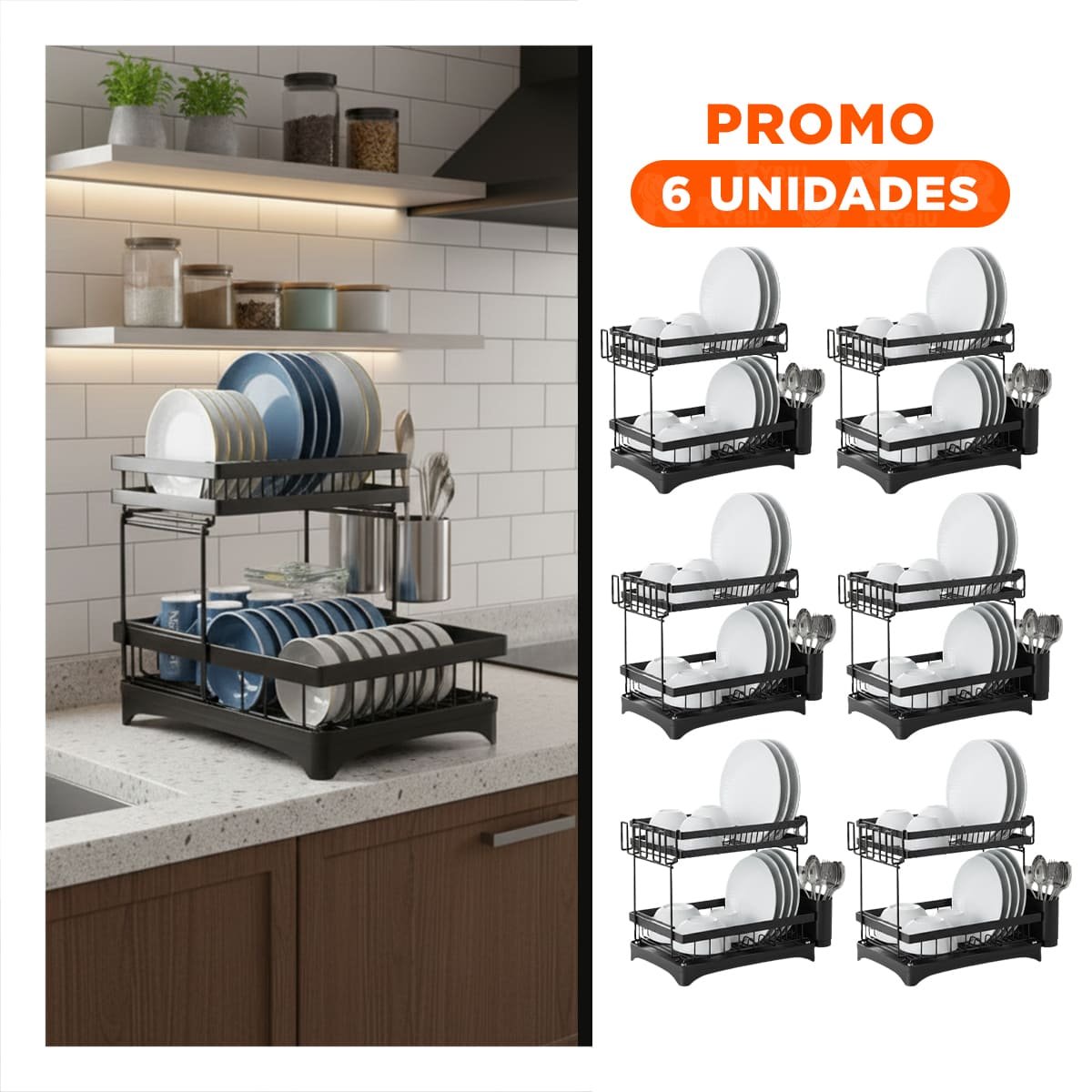 PACK6 ESCURRIDOR NEGRO 2 NIVELES CON BANDEJA EXTRAIBLE 42X30X32CM PARA COCINA ORGANIZADA - 1