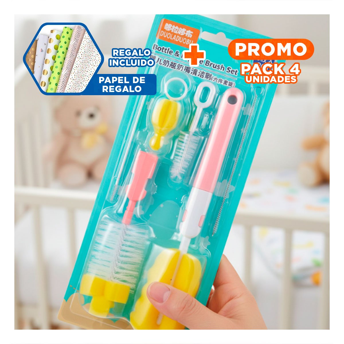 PACK4 ESCOBILLON PARA CUIDADO COMPLETO DE TETINAS 6PZS BASE ROSADO Y+PAPEL REGALO - 1
