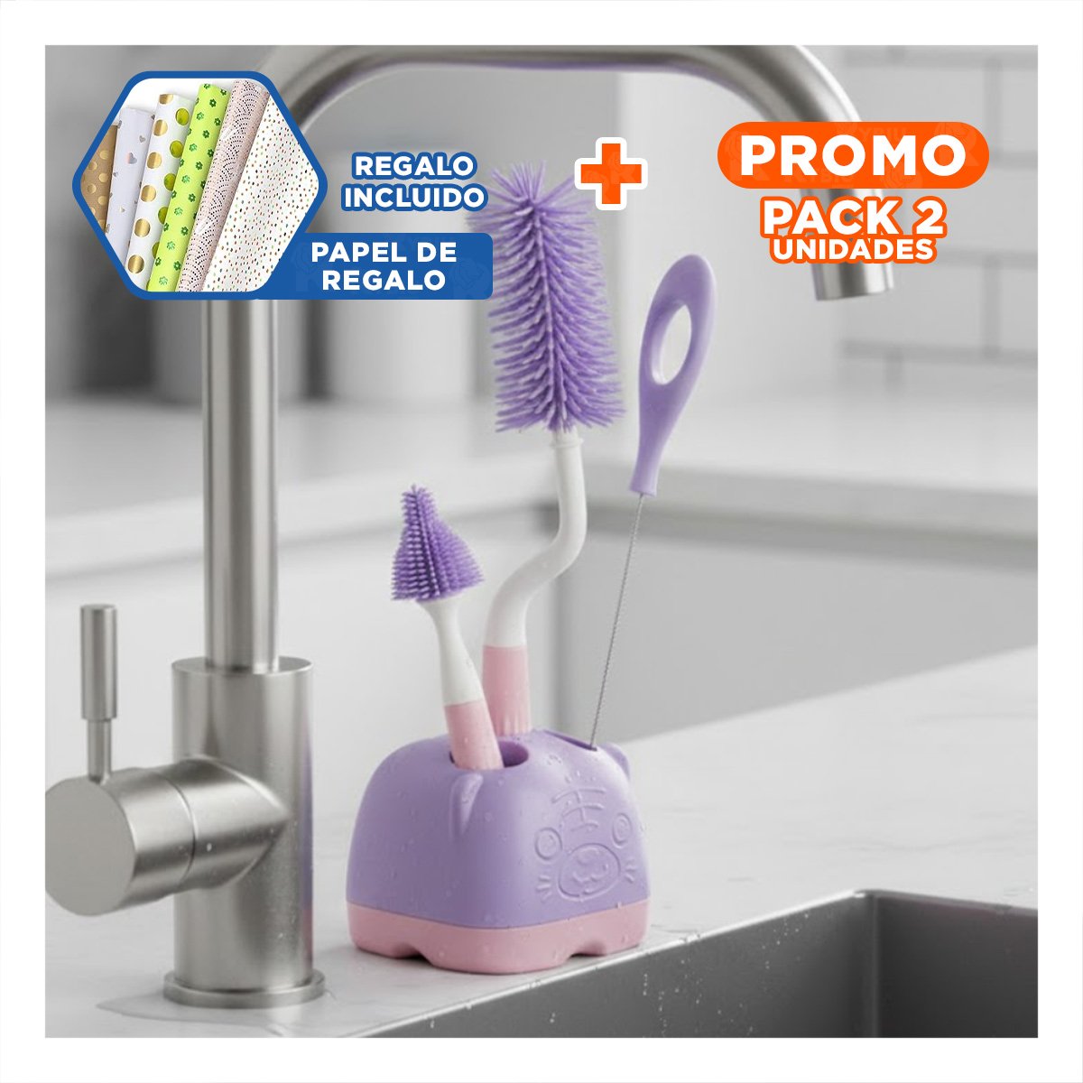 PACK2 RASPADOR SUAVE PARA BIBERONES DELICADOS 4PZS BASE OSITO MORADO Y+PAPEL REGALO - 1