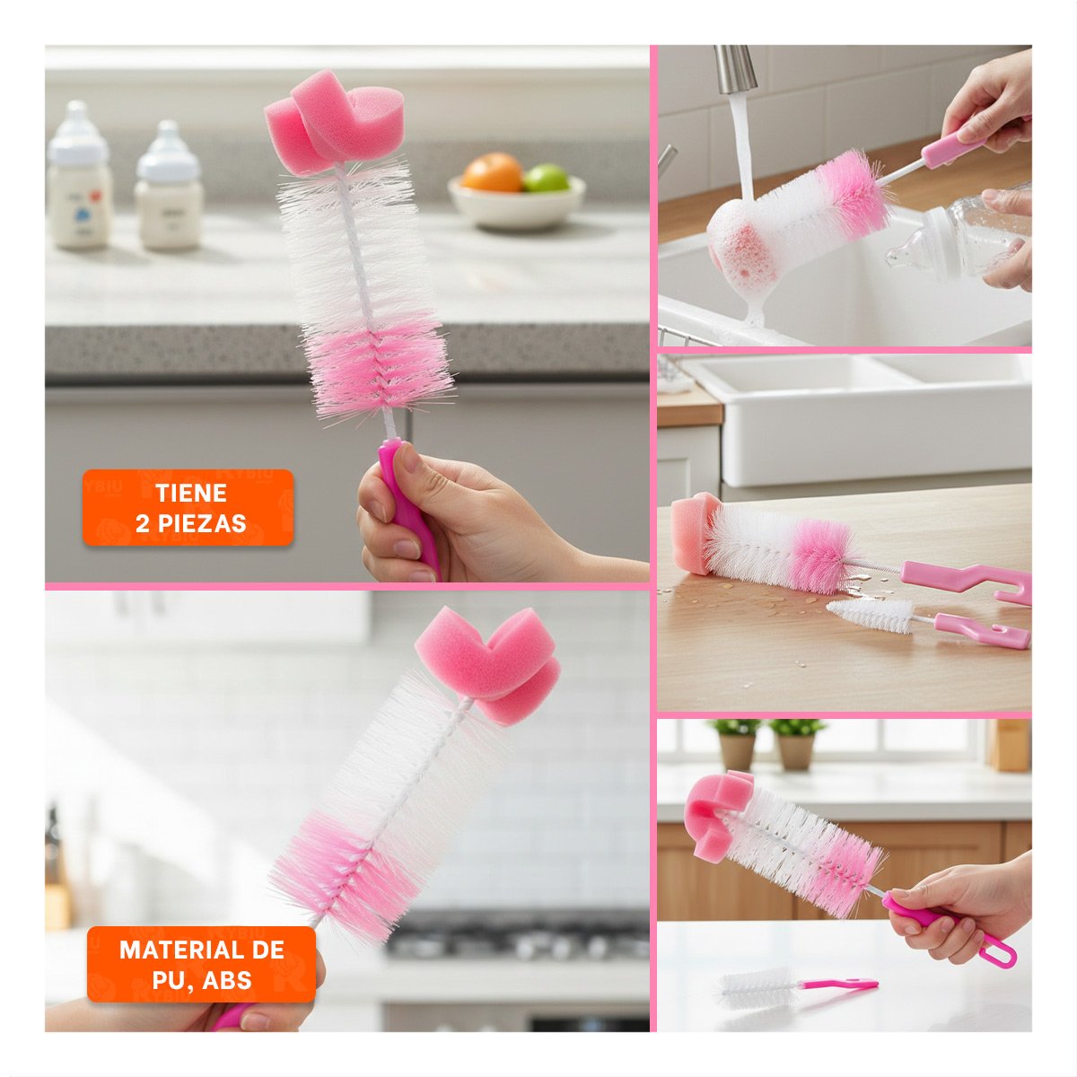 ESCOBILLA QUE ELIMINA RESIDUOS DE TETINAS Y VASOS 2PZS BASE ROSADO - 5
