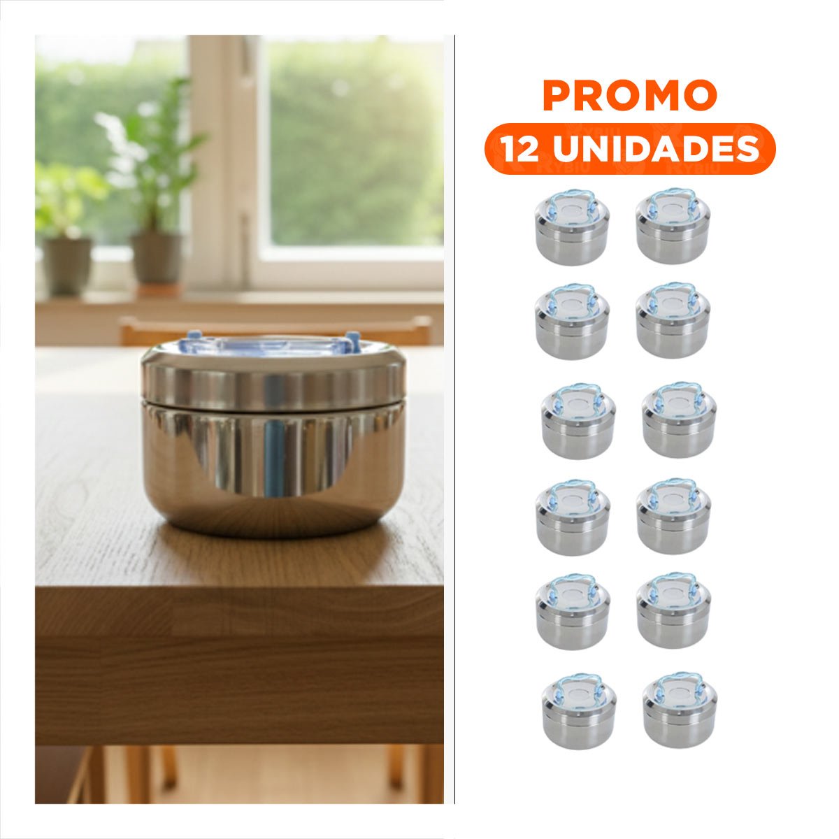PACK12 CONTENEDOR TERMICO PLATEADO Y CELESTE DE 800ML CON BASE CIRCULAR Y+REGALO STICKER - 1