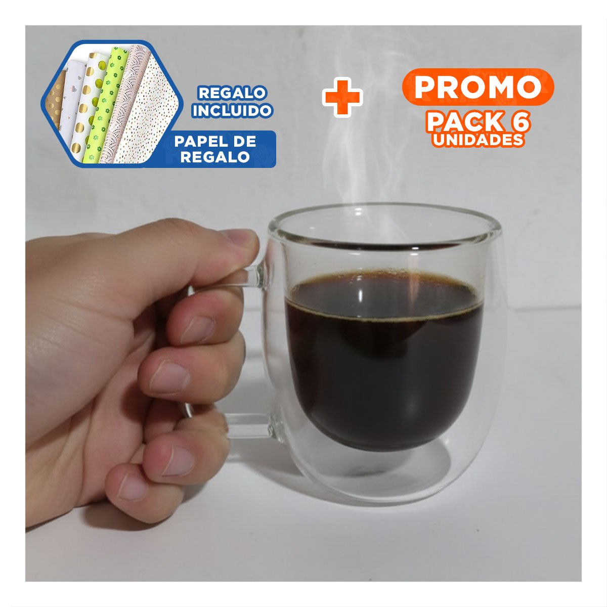 PACK6 COPA ESPRESSO DOBLE CAPA 80 ML DE COLOR TRANSPARENTE CON ASA CUADRADA Y+PAPEL REGALO - 1