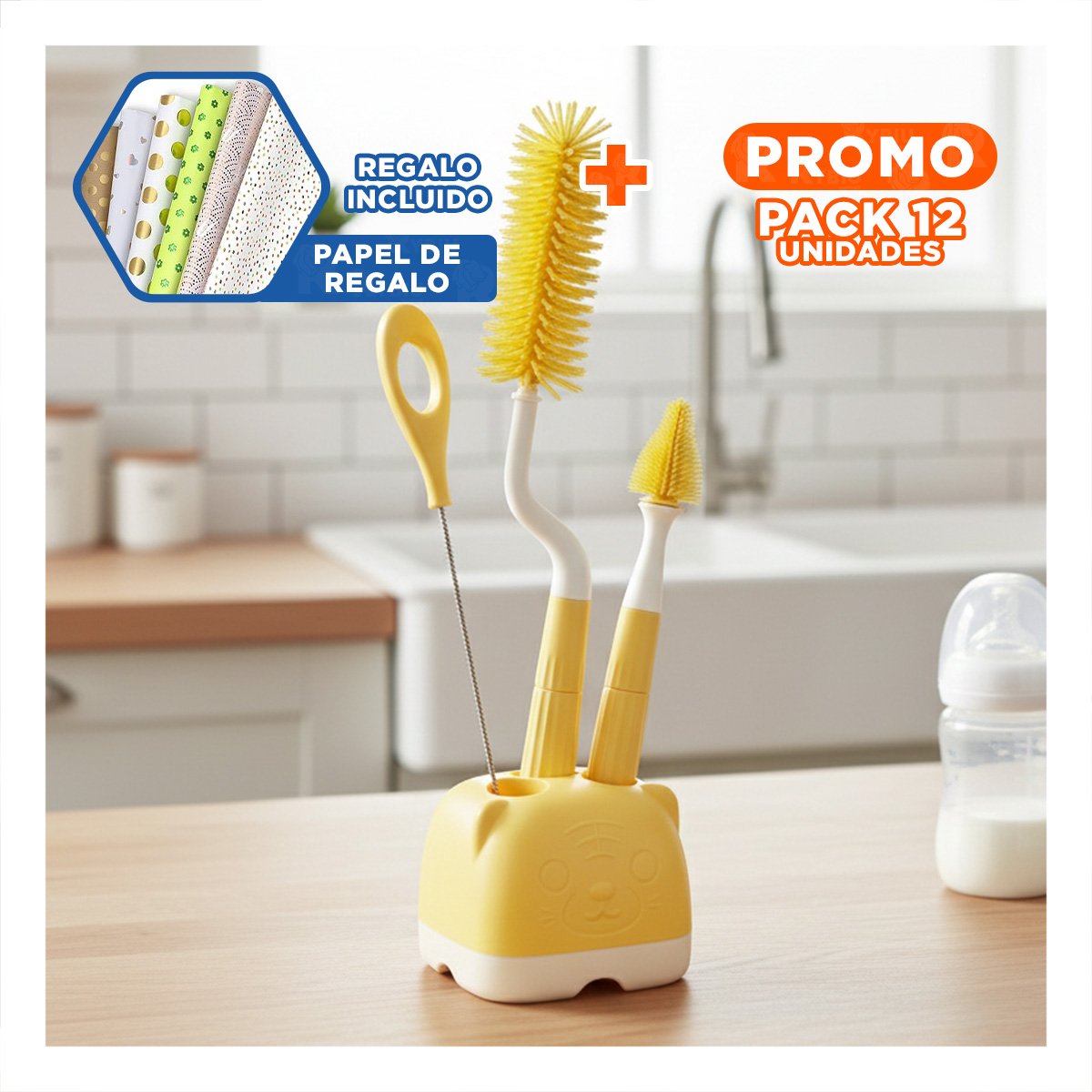 PACK12 ARTICULO SUAVE 4PZS AMARILLO BASE OSITO PROTEGE BIBERONES Y TETINAS Y+PAPEL REGALO - 1