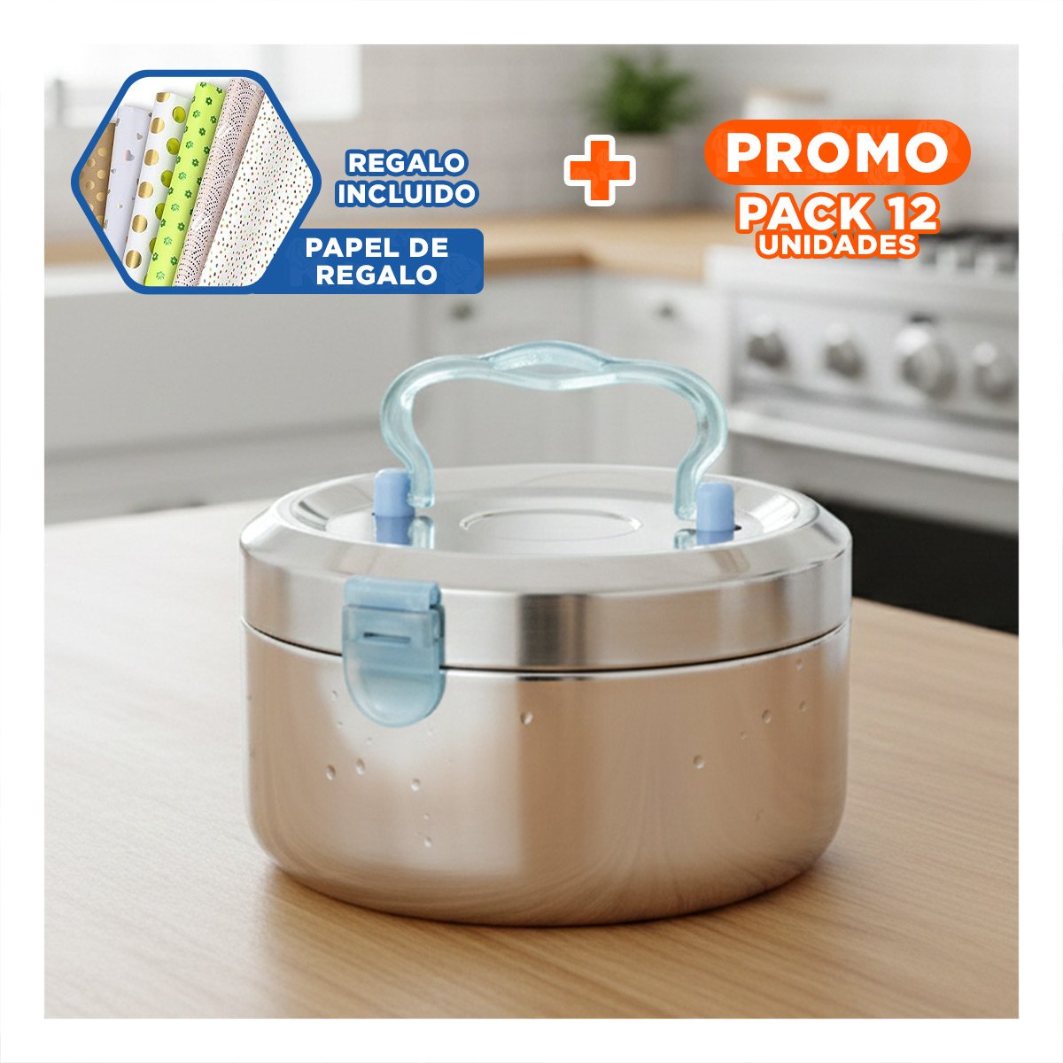 PACK12 CONTENEDOR CIRCULAR CUADRADO 1200ML PLATEADO Y CELESTE COMPACTA Y+PAPEL REGALO - 1