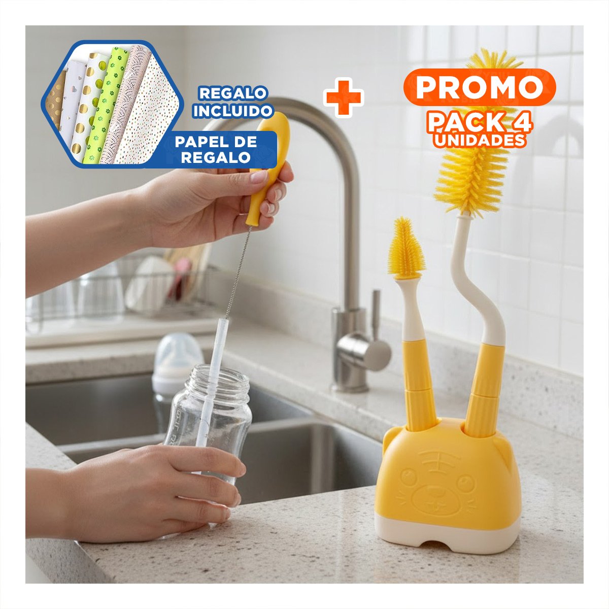 PACK4 PINCEL INFANTIL 4PZS AMARILLO BASE OSITO IDEAL PARA HIGIENE DIARIA Y+PAPEL REGALO - 1