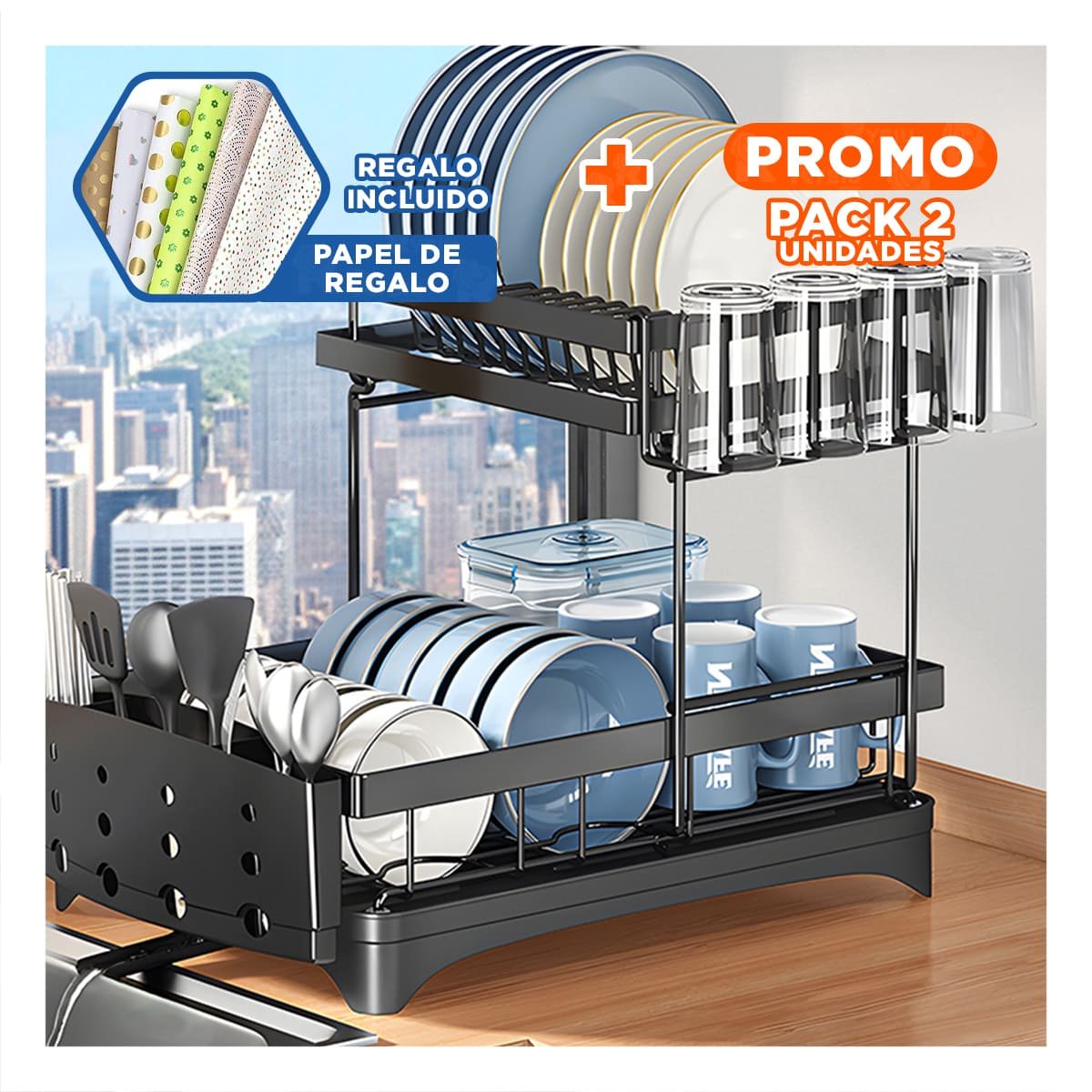 PACK2 BASE DE PLATOS NEGRO 2 NIVELES 42X30X32CM CON FORMA FUNCIONAL Y+PAPEL REGALO - 1