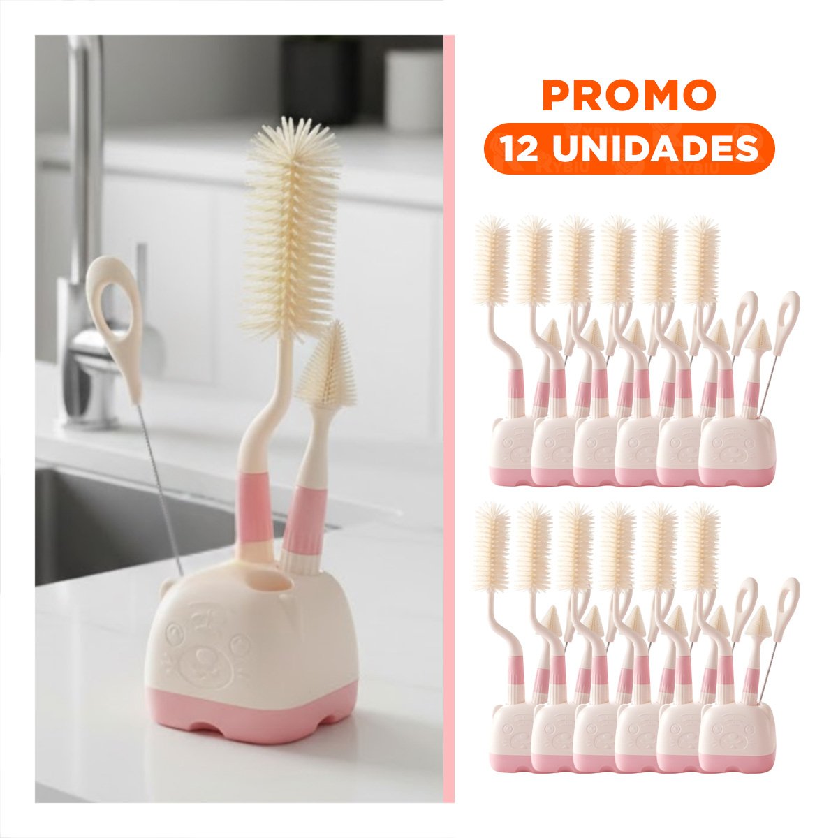 PACK12 VARILLA PARA BIBERONES Y ACCESORIOS 4PZS BASE OSITO ROSADO Y+REGALO STICKER - 1