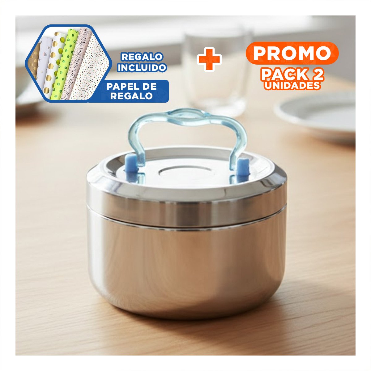 PACK2 ENVASE CIRCULAR CUADRADO 1200ML PLATEADO Y CELESTE CON PERFIL MODERNO Y+PAPEL REGALO - 1