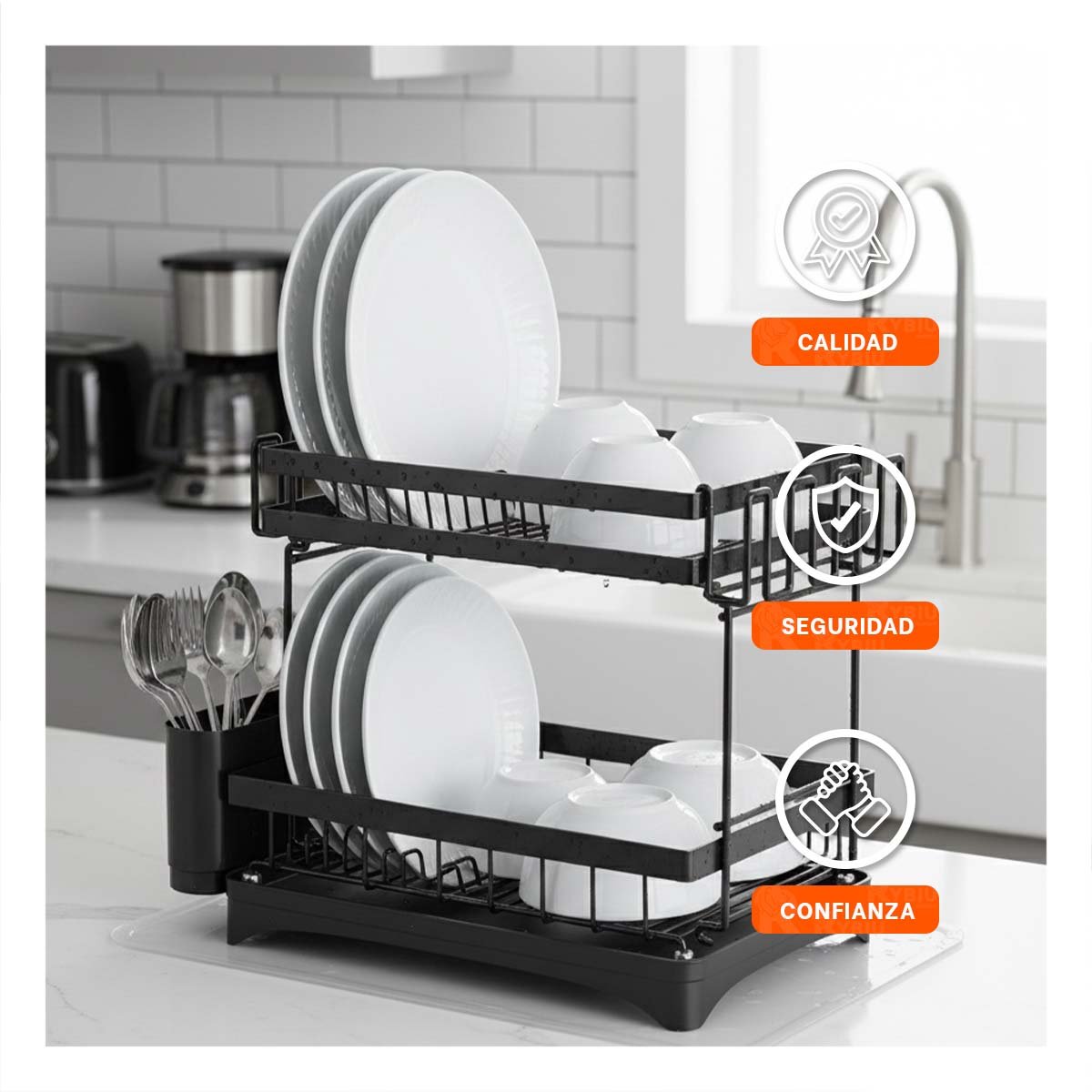 ORGANIZADOR DE PLATOS NEGRO 2 NIVELES CON BANDEJA COLECTORA 42X30X32CM Y+PAPEL REGALO - 3
