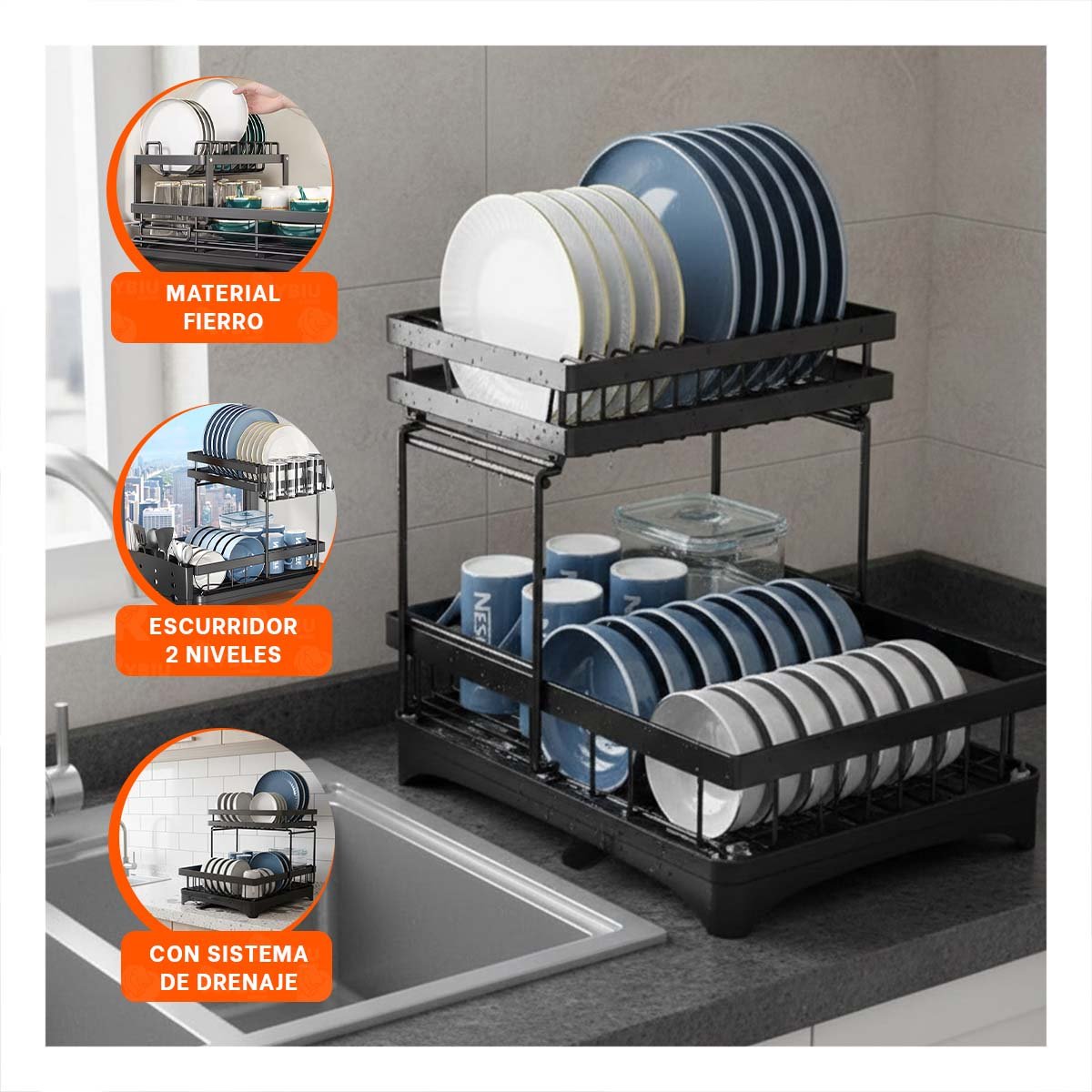 ORGANIZADOR DE PLATOS NEGRO 2 NIVELES CON BANDEJA COLECTORA 42X30X32CM Y+PAPEL REGALO - 5