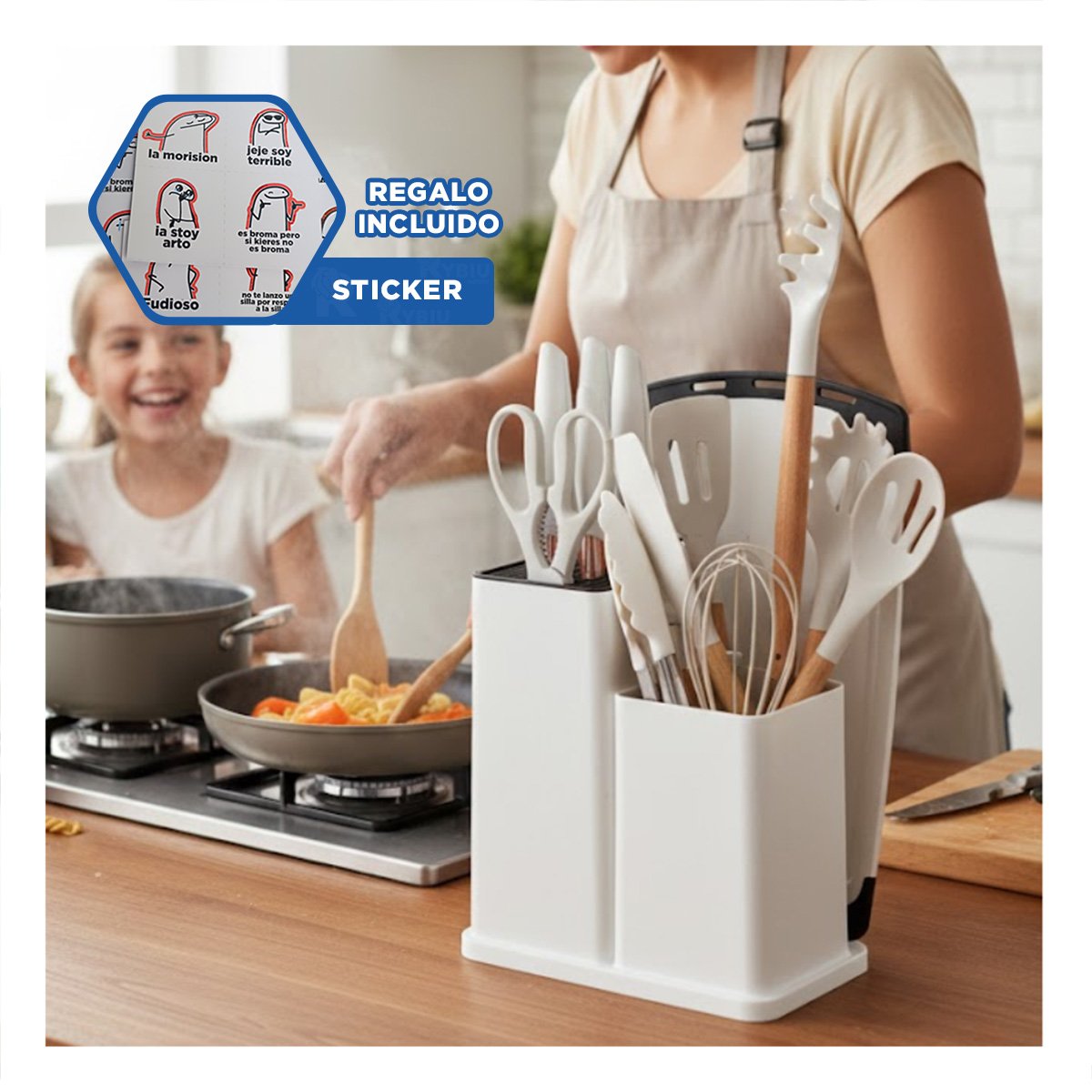 JUEGO PROFESIONAL DE COCINA CON 18 PIEZAS BLANCO EN SILICONA Y MADERA Y+REGALO STICKER - 1