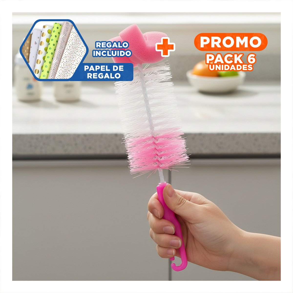 PACK6 ESPATULA SUAVE PARA TETINAS Y VASOS 2PZS BASE ROSADO - 1
