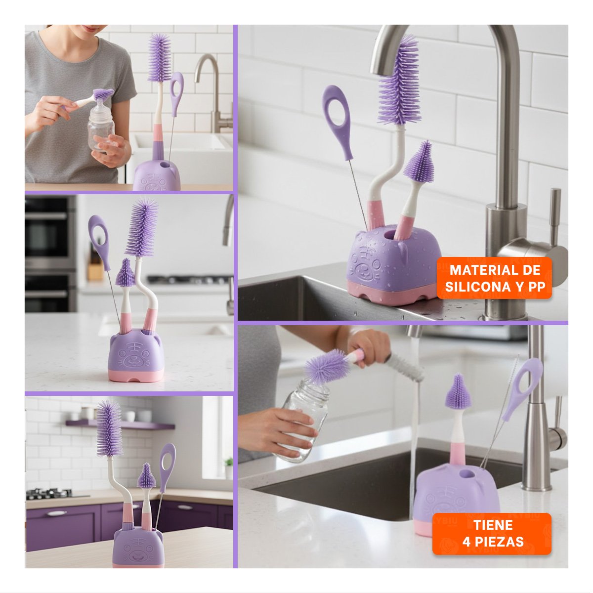 BROCHA PRACTICA PARA HIGIENE COMPLETA 4PZS BASE OSITO MORADO Y+LIGAS REGALO - 5