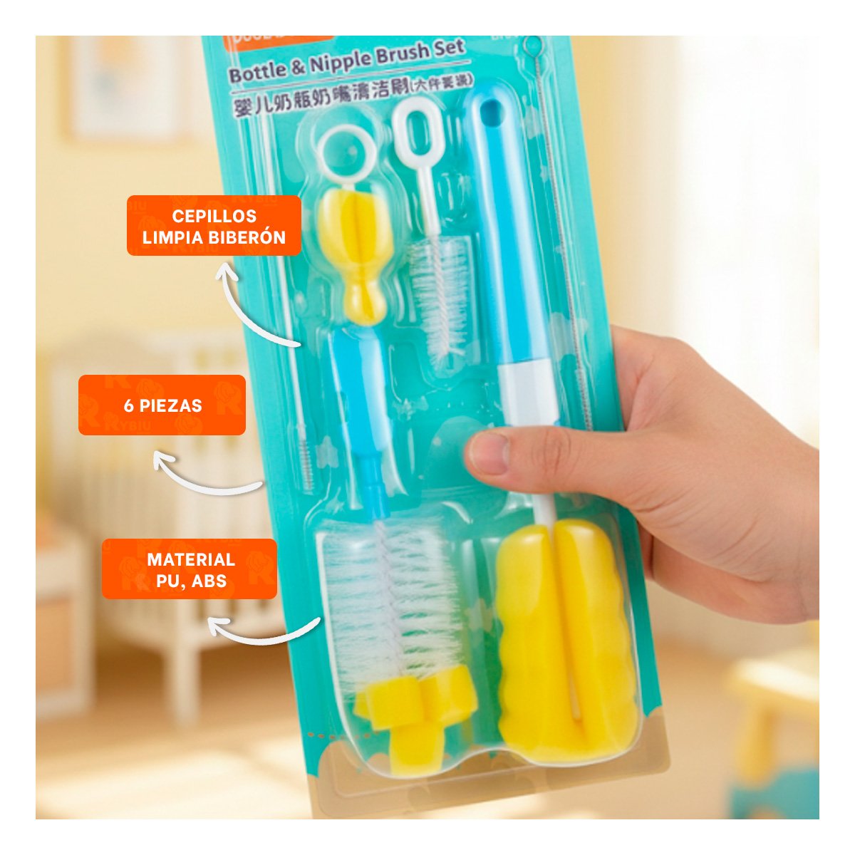 CEPILLO SUAVE QUE LLEGA A RINCONES PEQUENOS DE BIBERONES 6PZS BASE CELESTE Y+REGALO STICKER - 5