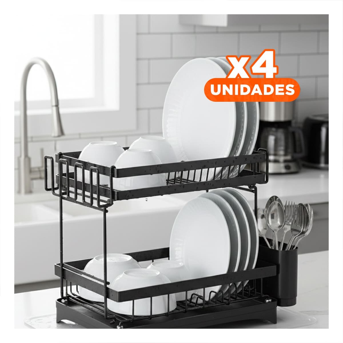PACK4 SOPORTE DE PLATOS NEGRO 2 NIVELES 42X30X32CM CON BANDEJA COLECTORA EXTRAIBLE - 1