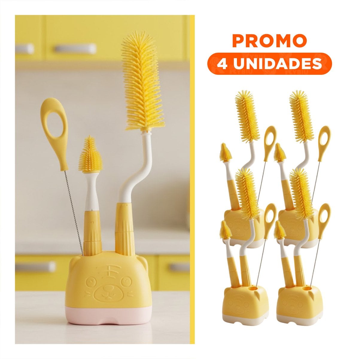 PACK4 PLUMERO PARA BIBERONES 4PZS AMARILLO BASE OSITO LIMPIEZA FACIL Y+REGALO STICKER - 1