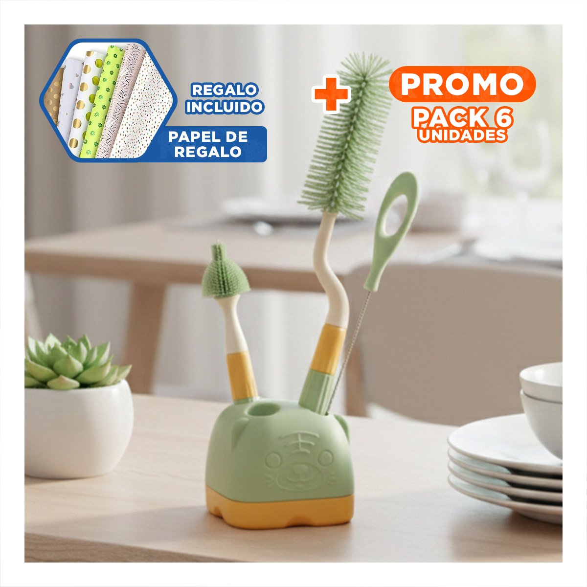 PACK6 UTENSILIOS PARA BEBE 4 PZS VERDE BASE OSITO PARA MANTENER LIMPIOS Y+PAPEL REGALO - 1