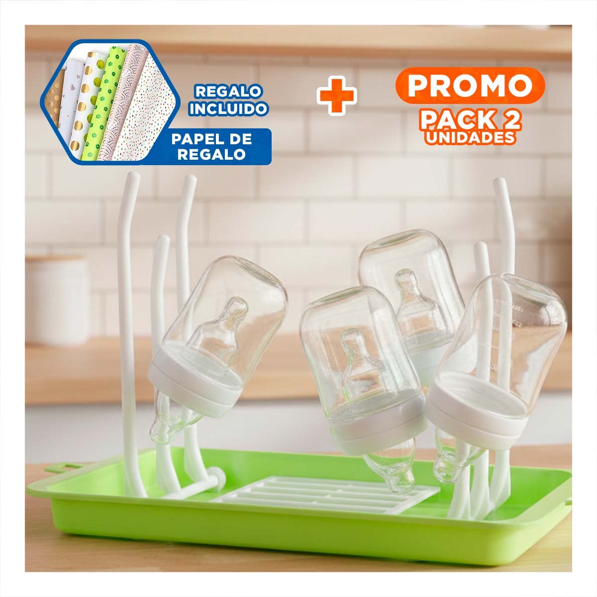 PACK2 PORTA BIBERONES CON ESPACIOS ESPECIALES PARA CADA TIPO VERDE Y+PAPEL REGALO - 1
