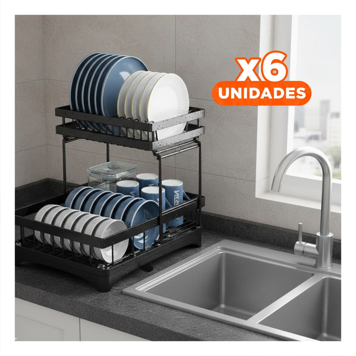 PACK6 BASE NEGRO 2 NIVELES 42X30X32CM CON BANDEJA INFERIOR Y SEPARADORES Y+REGALO STICKER - 1