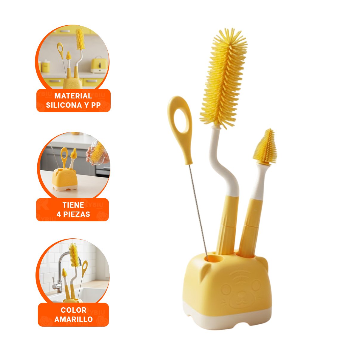 RASPADOR ANTIRESIDUO 4PZS AMARILLO BASE OSITO MANTIENE BIBERONES IMPECABLES - 3