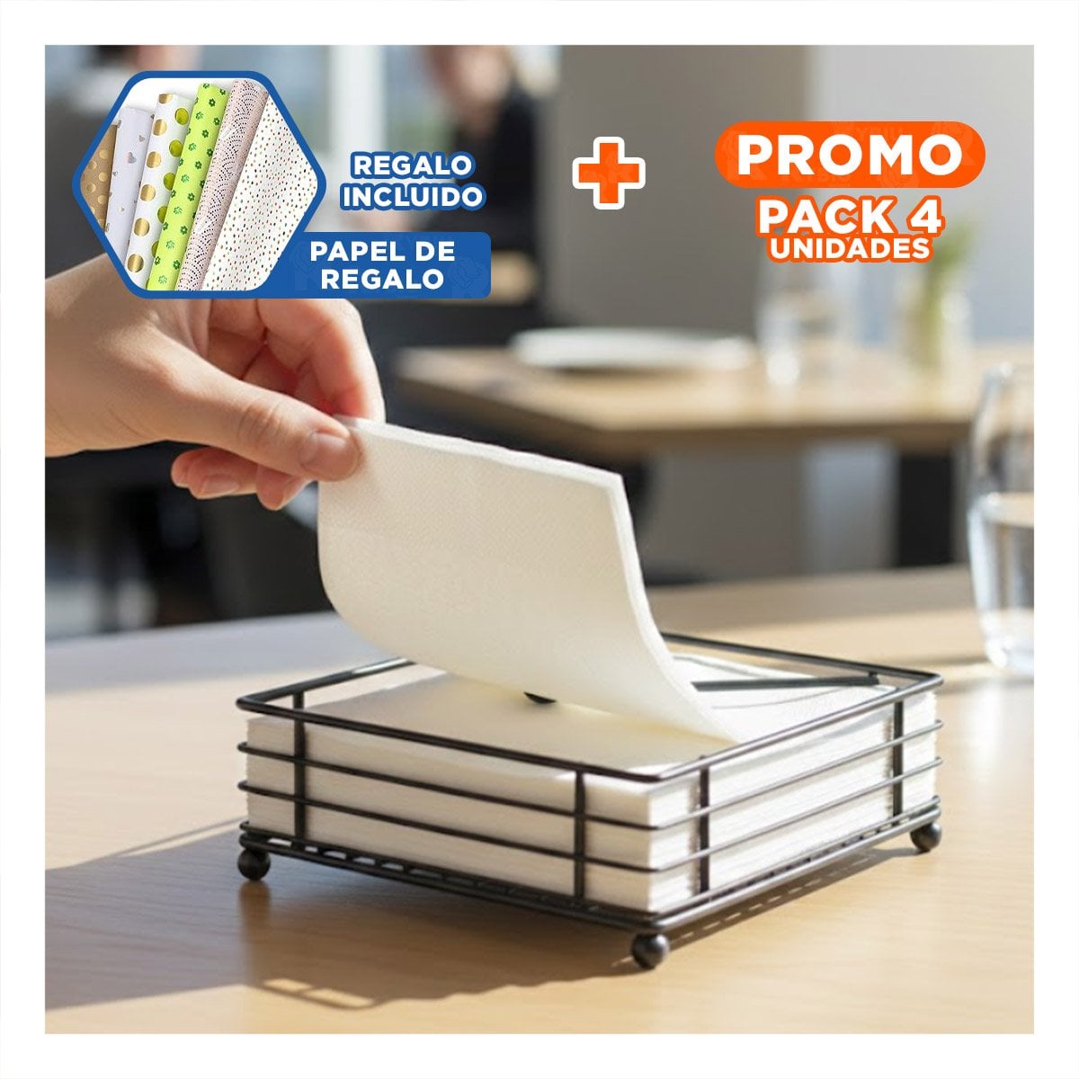 PACK4 SERVILLETERO MODERNO DE COLOR NEGRO CON BASE DE HIERRO Y BRAZO SUPERIOR Y+PAPEL REGALO - 1