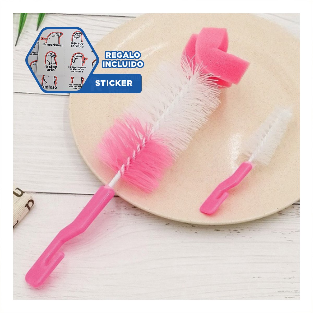 ESCOBILLA COMPACTA PARA HIGIENE RAPIDA Y FACIL 2PZS BASE ROSADO Y+REGALO STICKER - 1