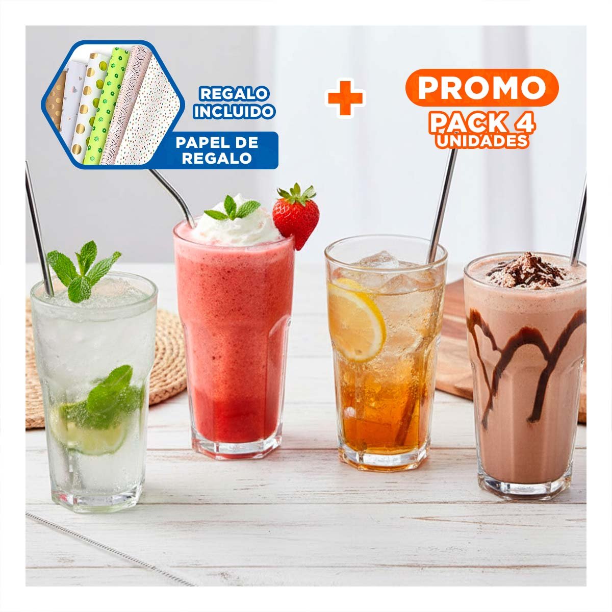 PACK4 SET PLATEADO CON 5 POPOTES Y CEPILLO LIMPIA POPOTES PARA COCINA Y EVENTOS Y+PAPEL REGALO - 1