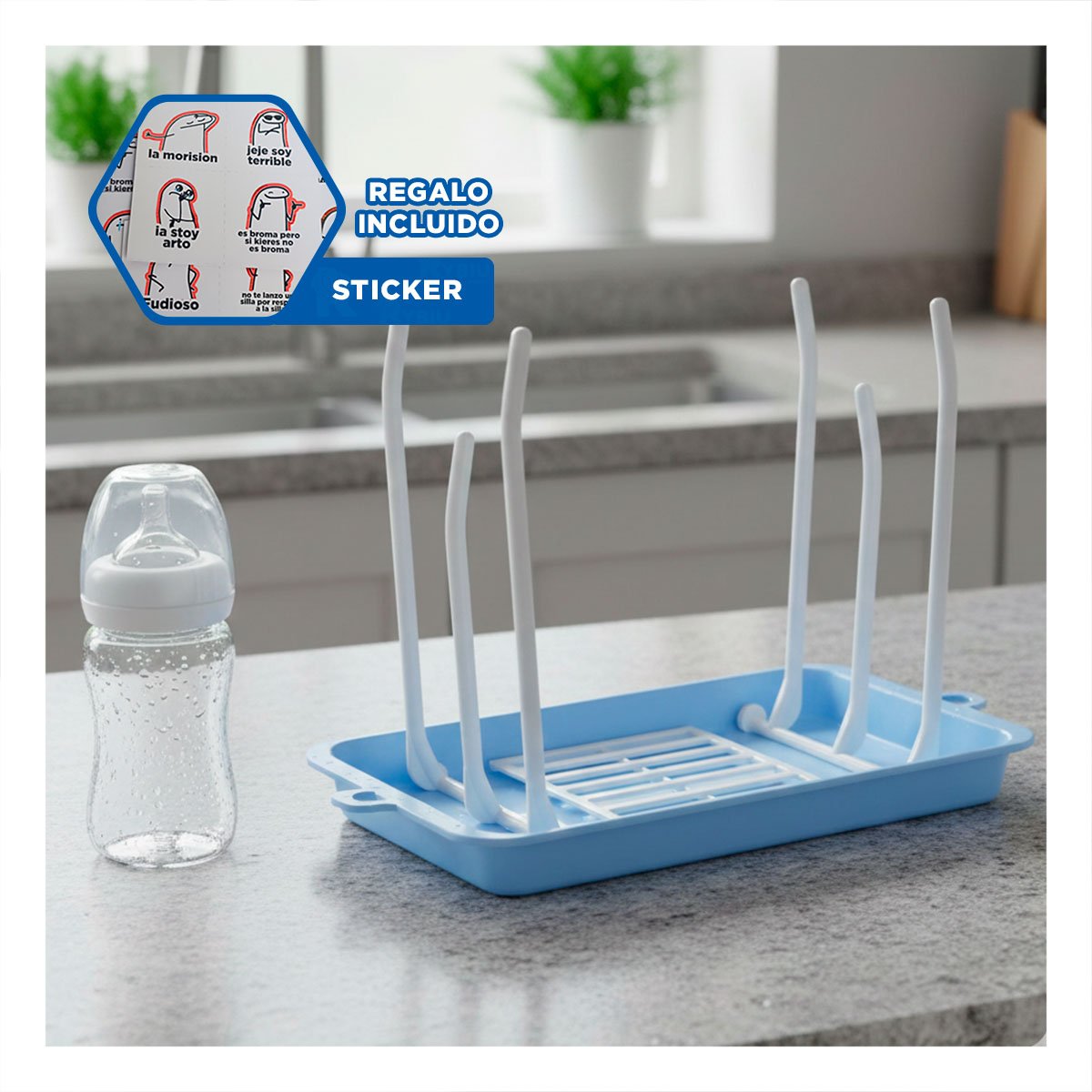 SOPORTE QUE FACILITA LIMPIEZA Y ORGANIZA BIBERONES CELESTE Y+REGALO STICKER - 1
