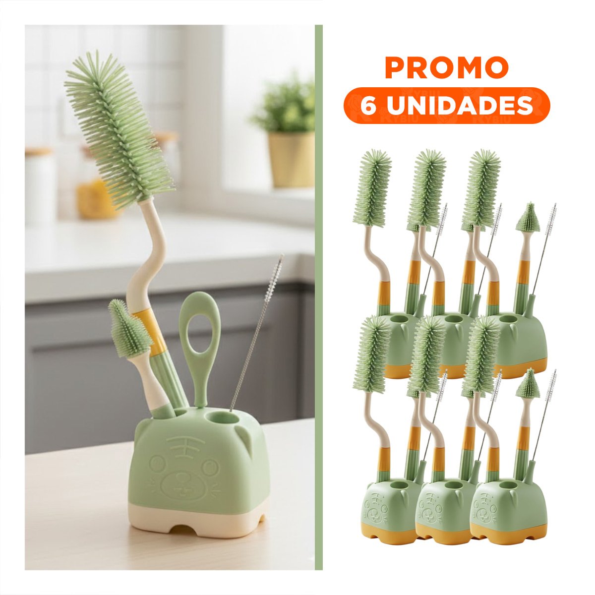 PACK6 UTENSILIOS INFANTILES 4 PZS VERDE BASE OSITO PARA HIGIENE DE BIBERONES Y CASA - 1