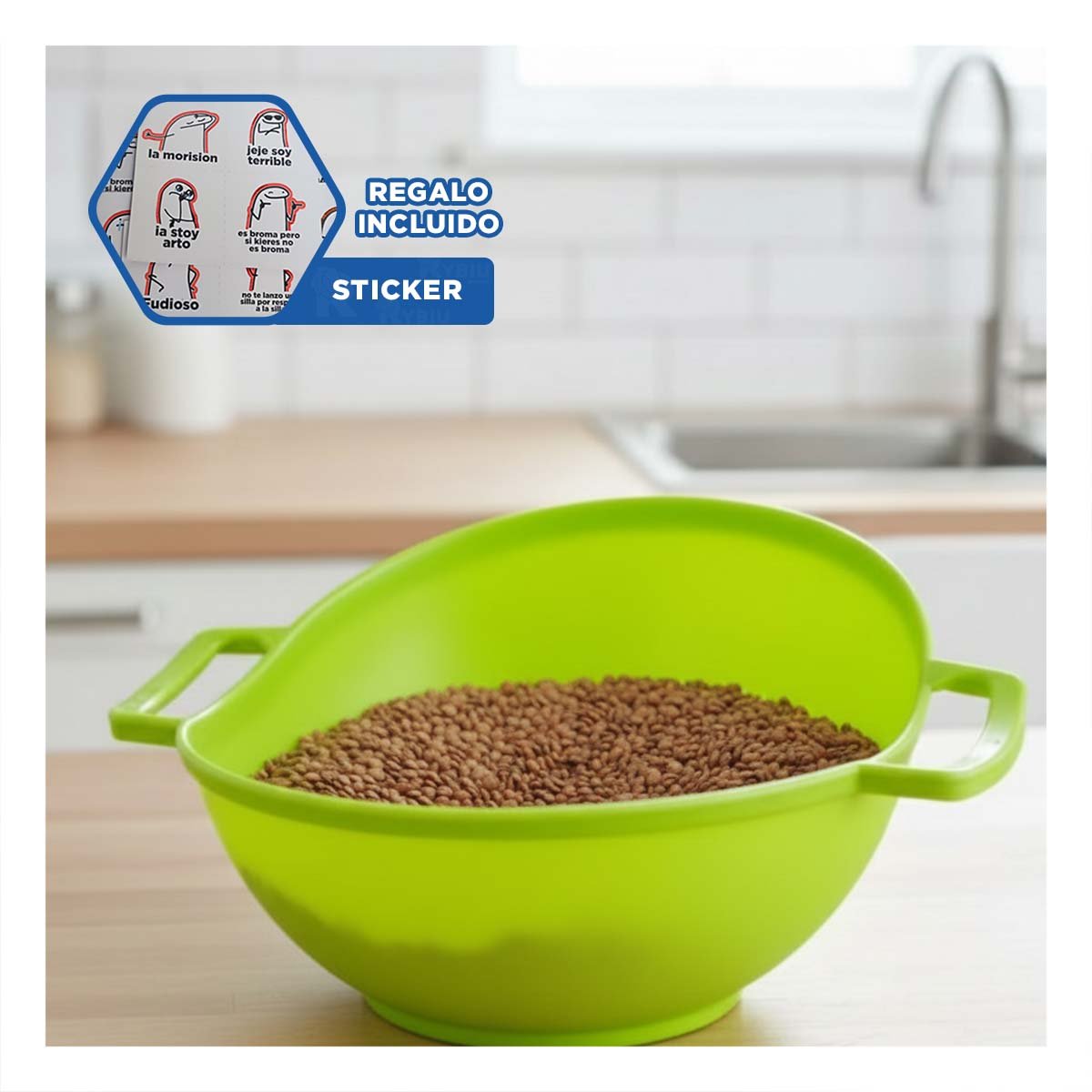 PLATO ESCURRIDIZO VERDE PARA ARROZ CON ASAS 22,5X26,5CM COCINA FACIL Y LIGERA Y+REGALO STICKER - 1