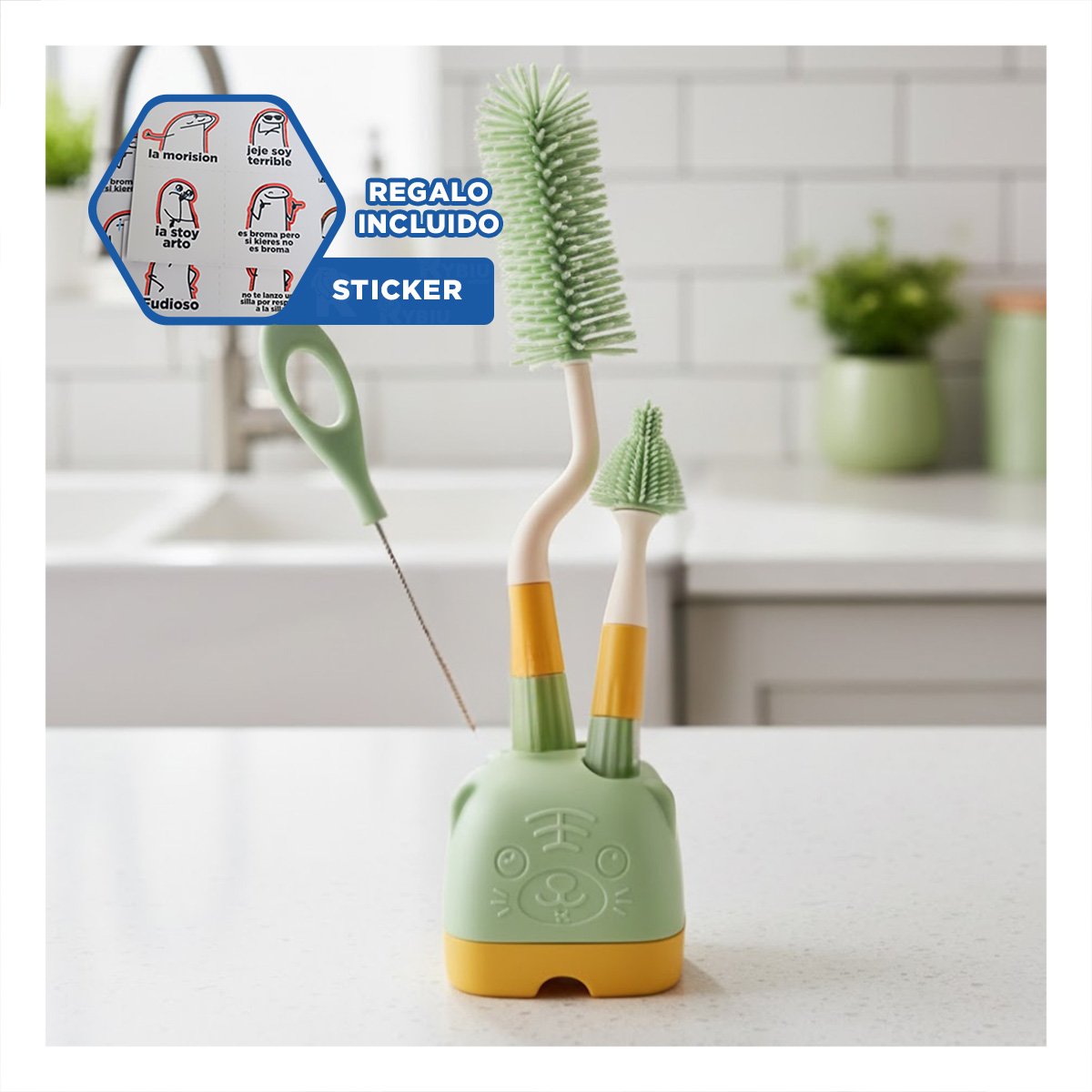 PACK LIMPIEZA 4 PZS VERDE BASE OSITO PARA LIMPIAR BIBERONES EN CASA Y+REGALO STICKER - 1