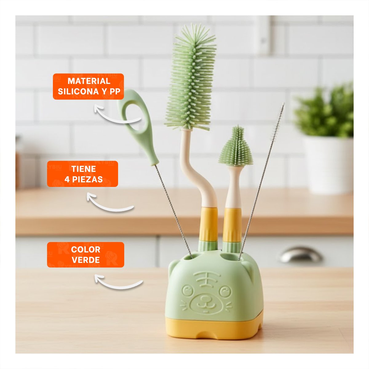 PACK LIMPIEZA 4 PZS VERDE BASE OSITO PARA LIMPIAR BIBERONES EN CASA Y+REGALO STICKER - 5