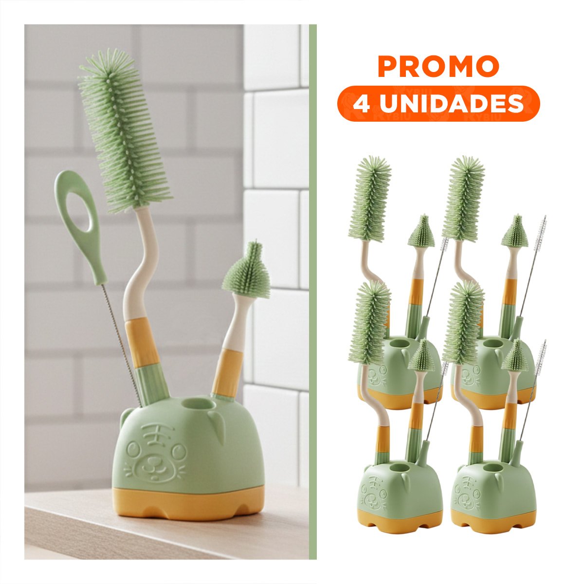 PACK4 ACCESORIOS BEBE 4 PZS VERDE BASE OSITO PARA LIMPIAR BIBERONES Y TETEROS Y+REGALO STICKER - 1