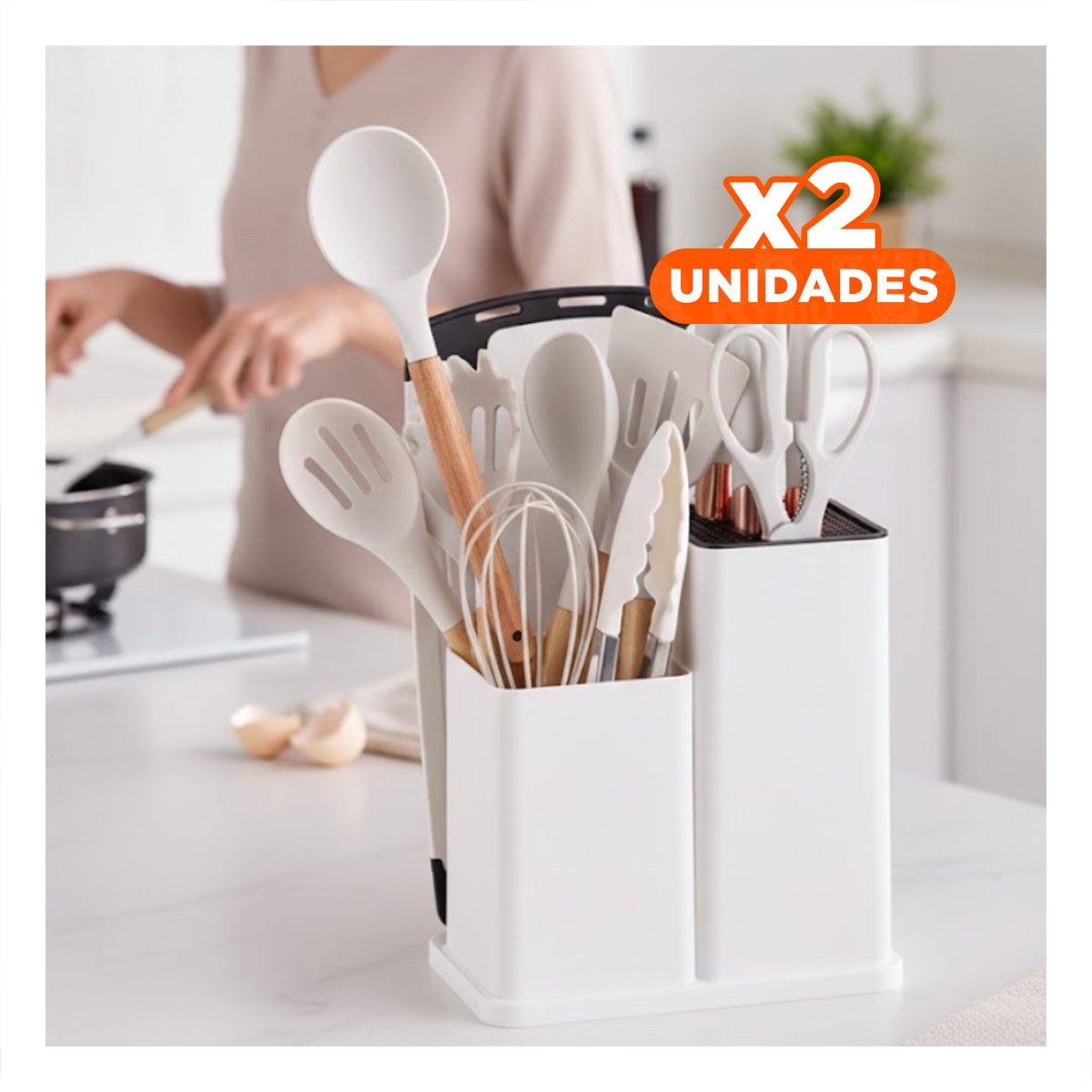 PACK2 SET VERSATIL CON 18 PIEZAS DE COCINA BLANCO EN SILICONA Y MADERA Y+REGALO STICKER - 1