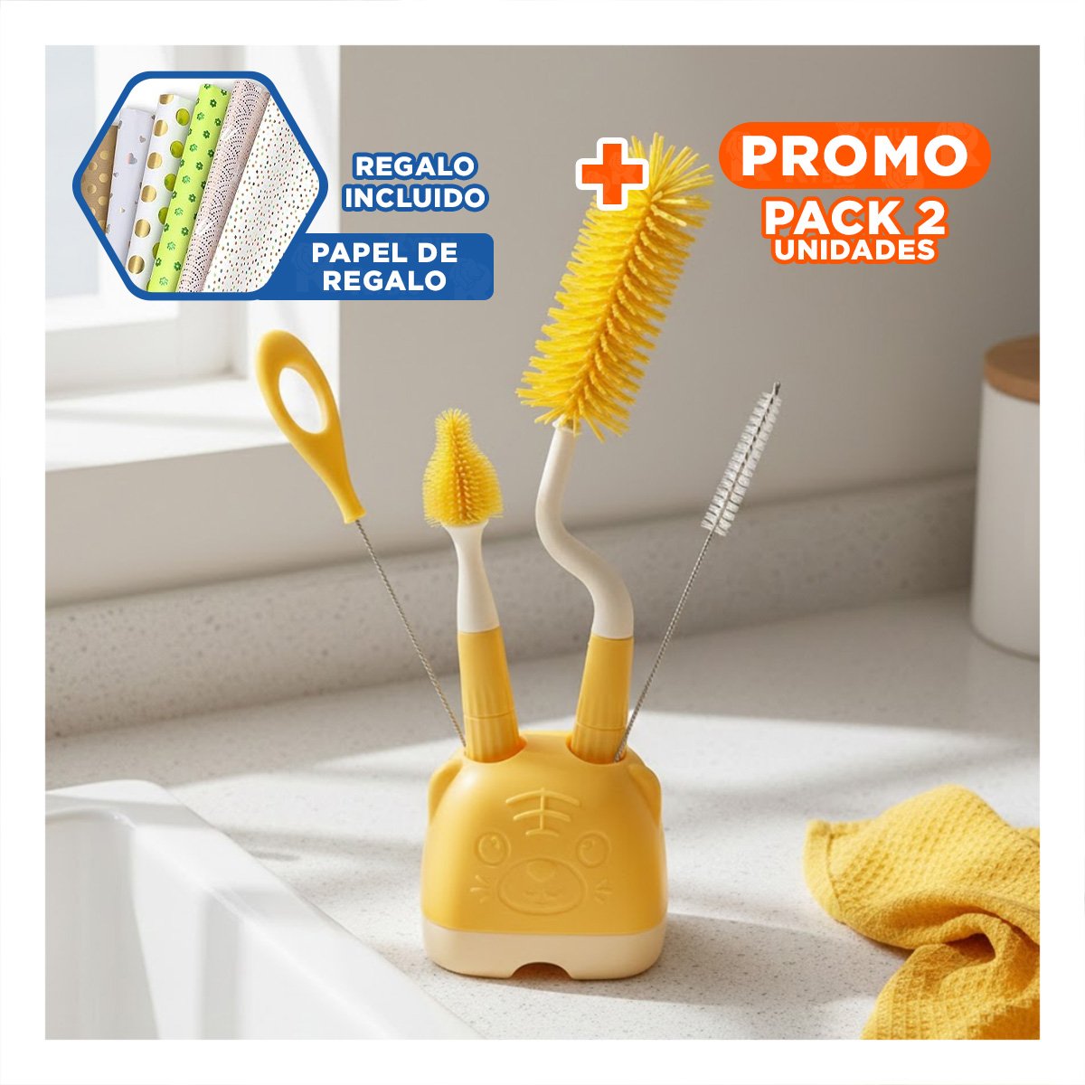 PACK2 PINCEL SUAVE 4PZS AMARILLO BASE OSITO LLEGA A RINCONES PEQUENOS Y+PAPEL REGALO - 1