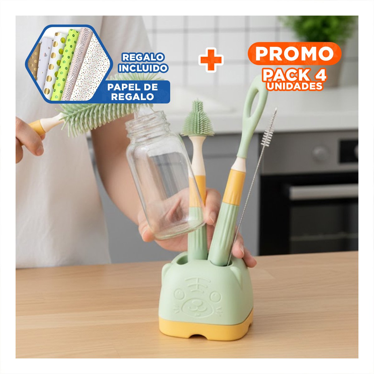 PACK4 HERRAMIENTAS BIBERON 4 PZS VERDE BASE OSITO PARA MANTENER LIMPIOS Y+PAPEL REGALO - 1