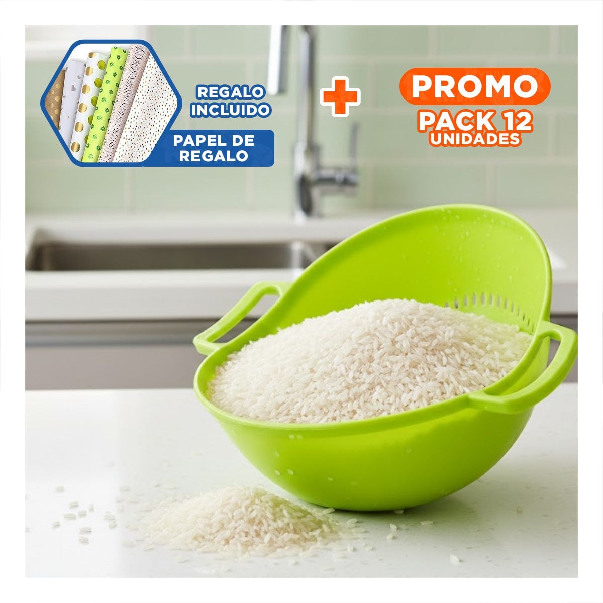PACK12 SOPORTE COLADOR CELESTE PARA ARROZ CON ASAS 22,5X26,5CM COCINA FACIL Y+PAPEL REGALO - 1