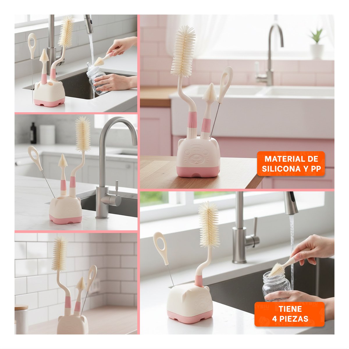 ESCOBILLA PARA MANTENER ACCESORIOS IMPECABLES 4PZS BASE OSITO ROSADO Y+POST IT - 1