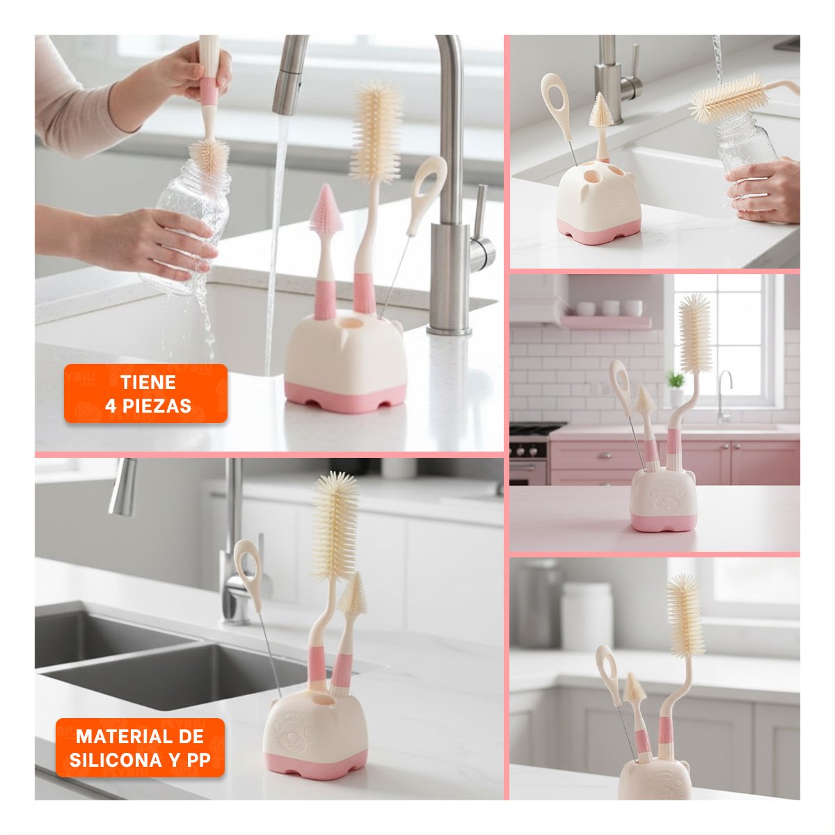 ESCOBILLA PARA MANTENER ACCESORIOS IMPECABLES 4PZS BASE OSITO ROSADO Y+POST IT - 5