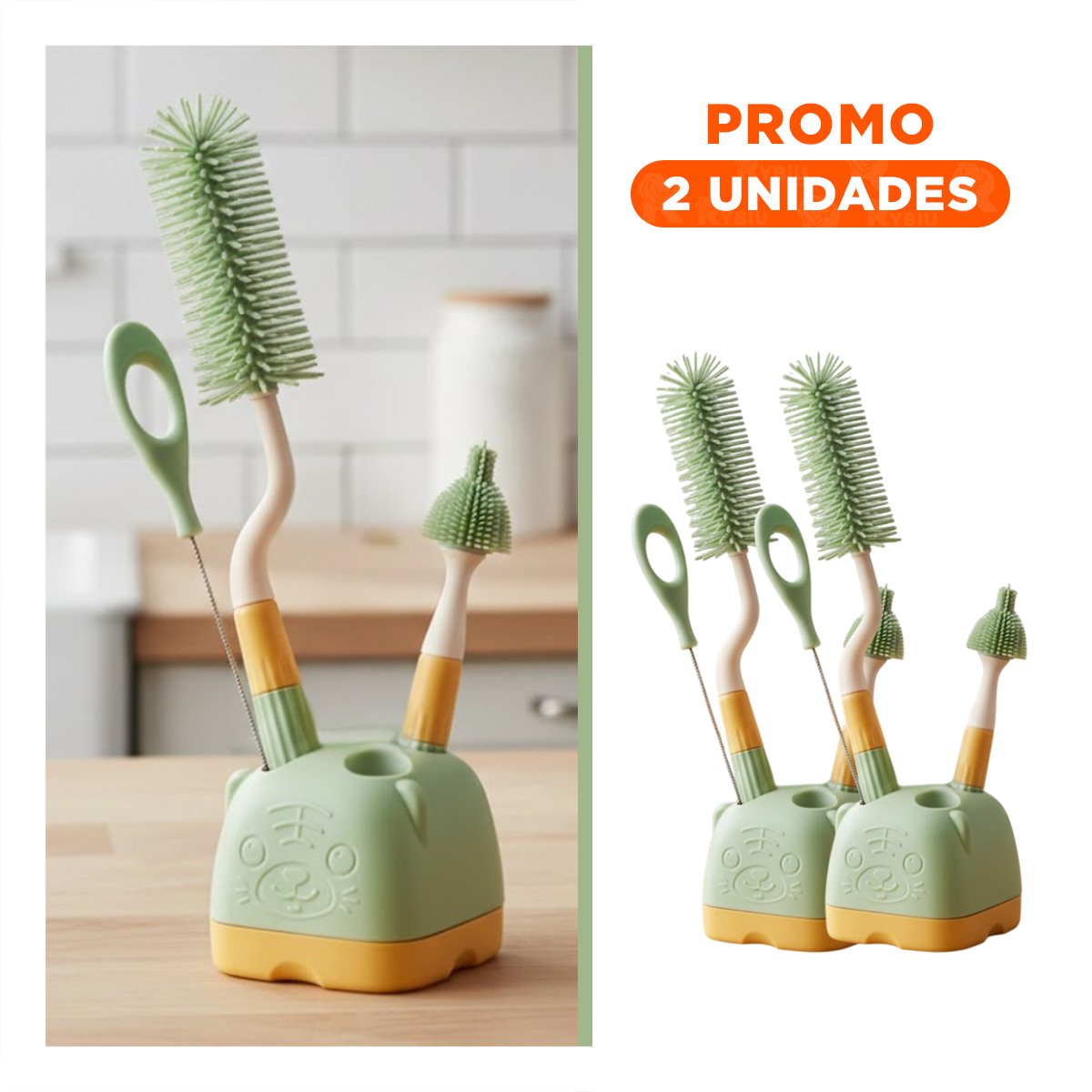 PACK2 CONJUNTO LIMPIEZA 4 PZS VERDE BASE OSITO PARA HIGIENE DE BIBERONES FACILMENTE - 1