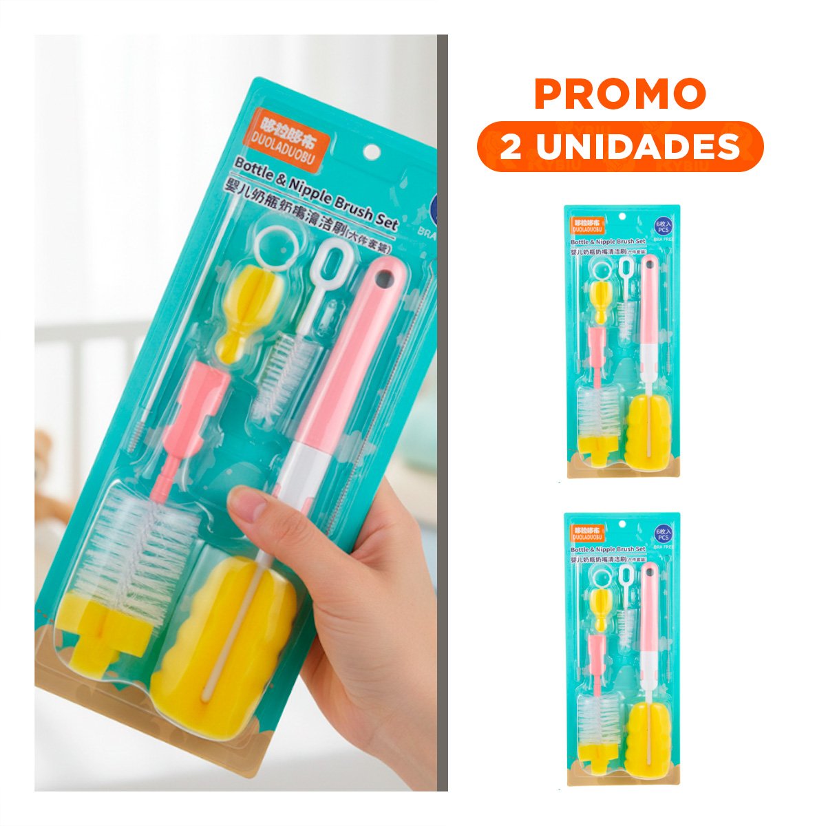 PACK2 ESCOBILLON PARA LIMPIEZA RAPIDA DE BIBERONES 6PZS BASE ROSADO - 1