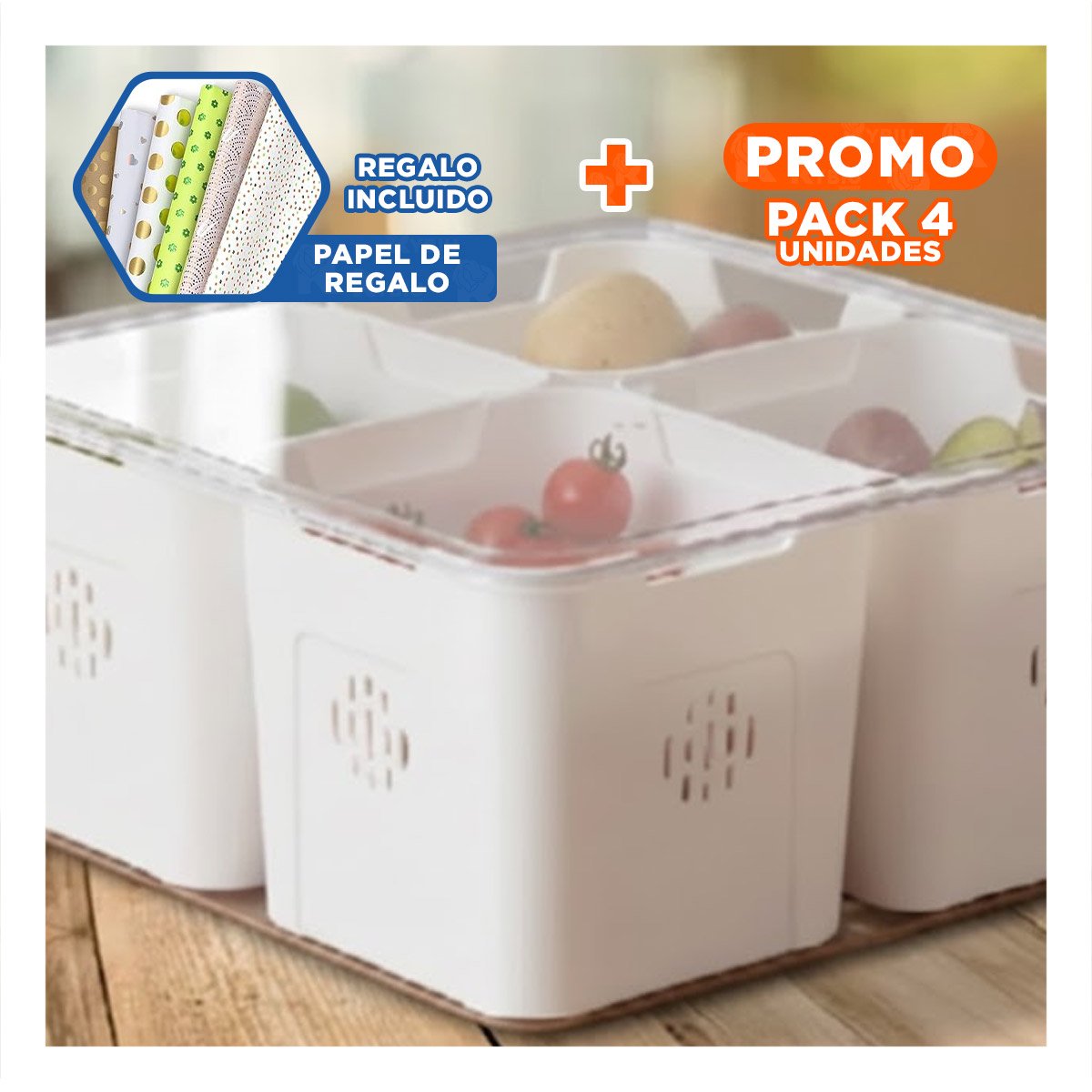 PACK4 CONTENEDOR CON 4 BANDEJAS ESCURRIDORAS Y BANDEJA INFERIOR PARA COMIDA Y+PAPEL REGALO - 1