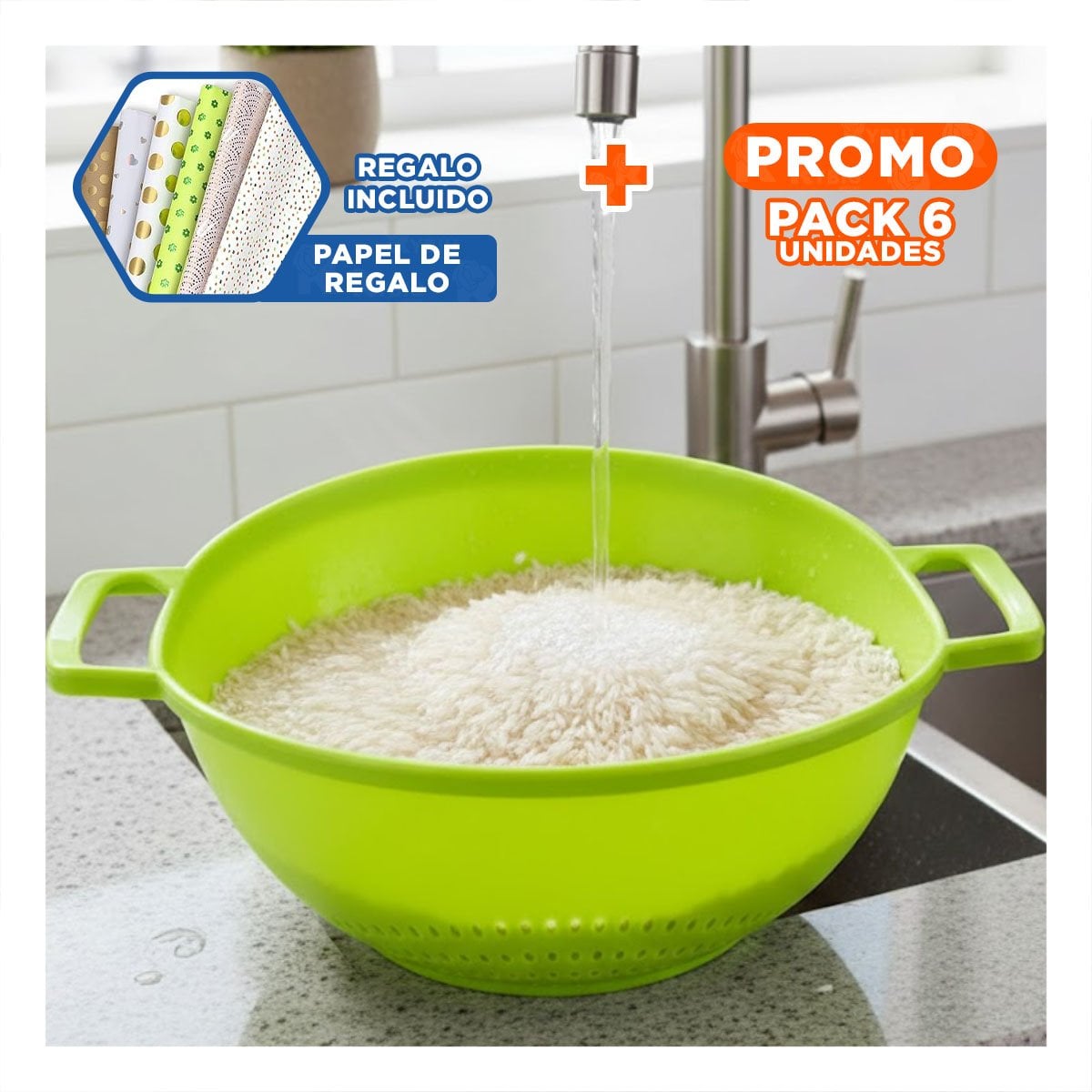 PACK6 REJILLA ESCURRIDORA CELESTE PARA ARROZ CON ASAS 22,5X26,5CM COCINA FACIL Y+PAPEL REGALO - 1